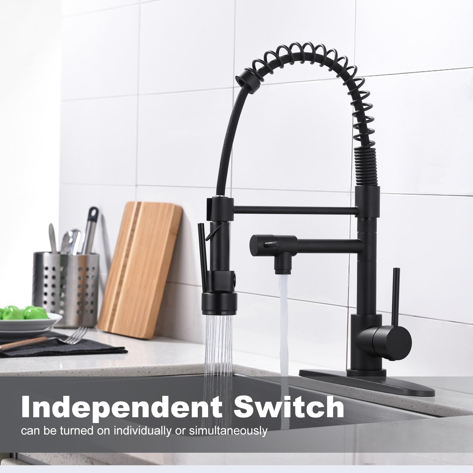 Premium Matte Black Brass Kitchen Faucet with Pull Down Sprayer - High Arc Commercial Spring Design for 1 or 3 Hole Sinks (Includes Deck Plate) | Ideal for Modern Kitchens, Restaurants & Food Prep Areas