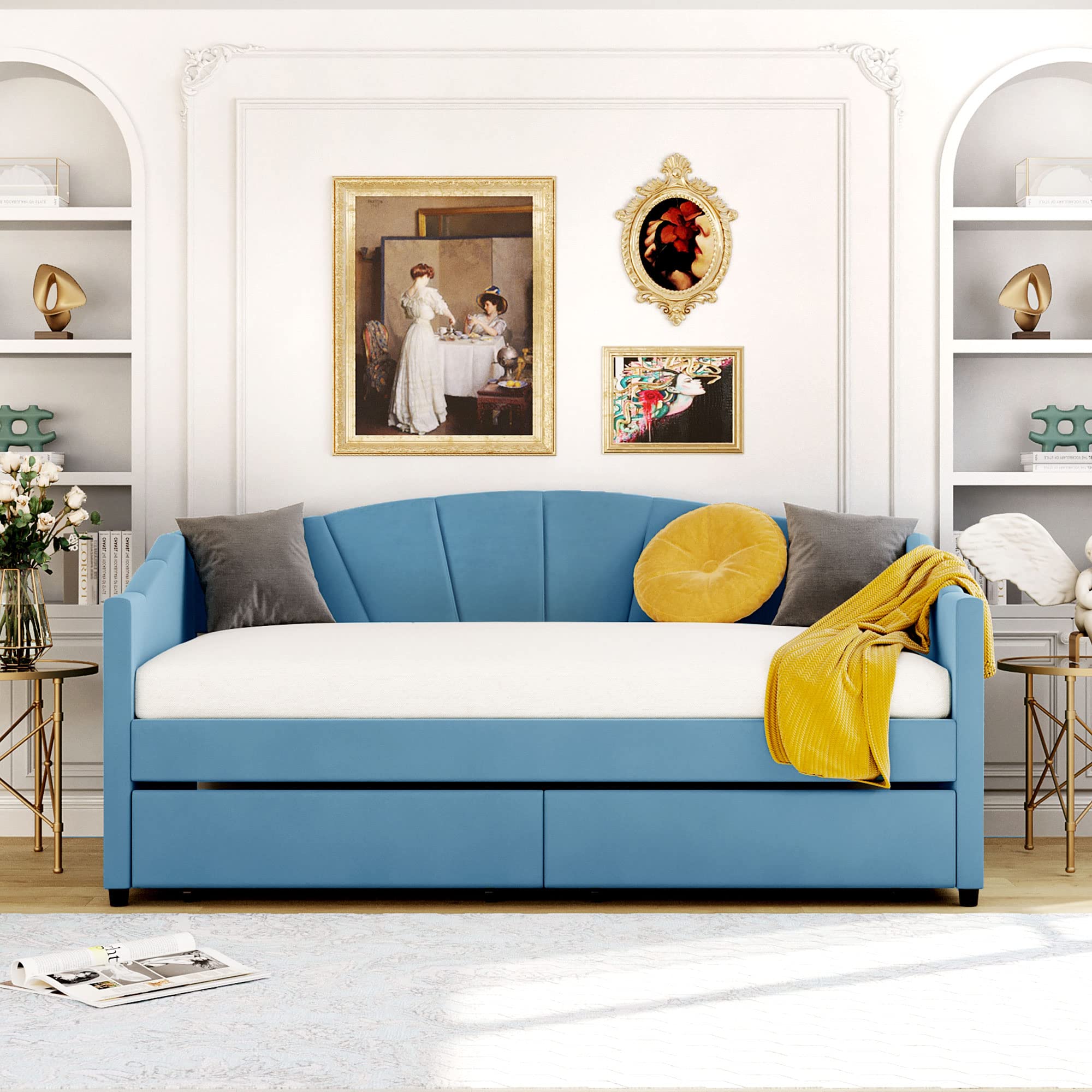 Merax Twin Size Upholstered Daybed with 2 Drawers & Wood Slat Support - Blue Fabric Sofa Bed Frame for Small Spaces, Guest Room & Dormitory