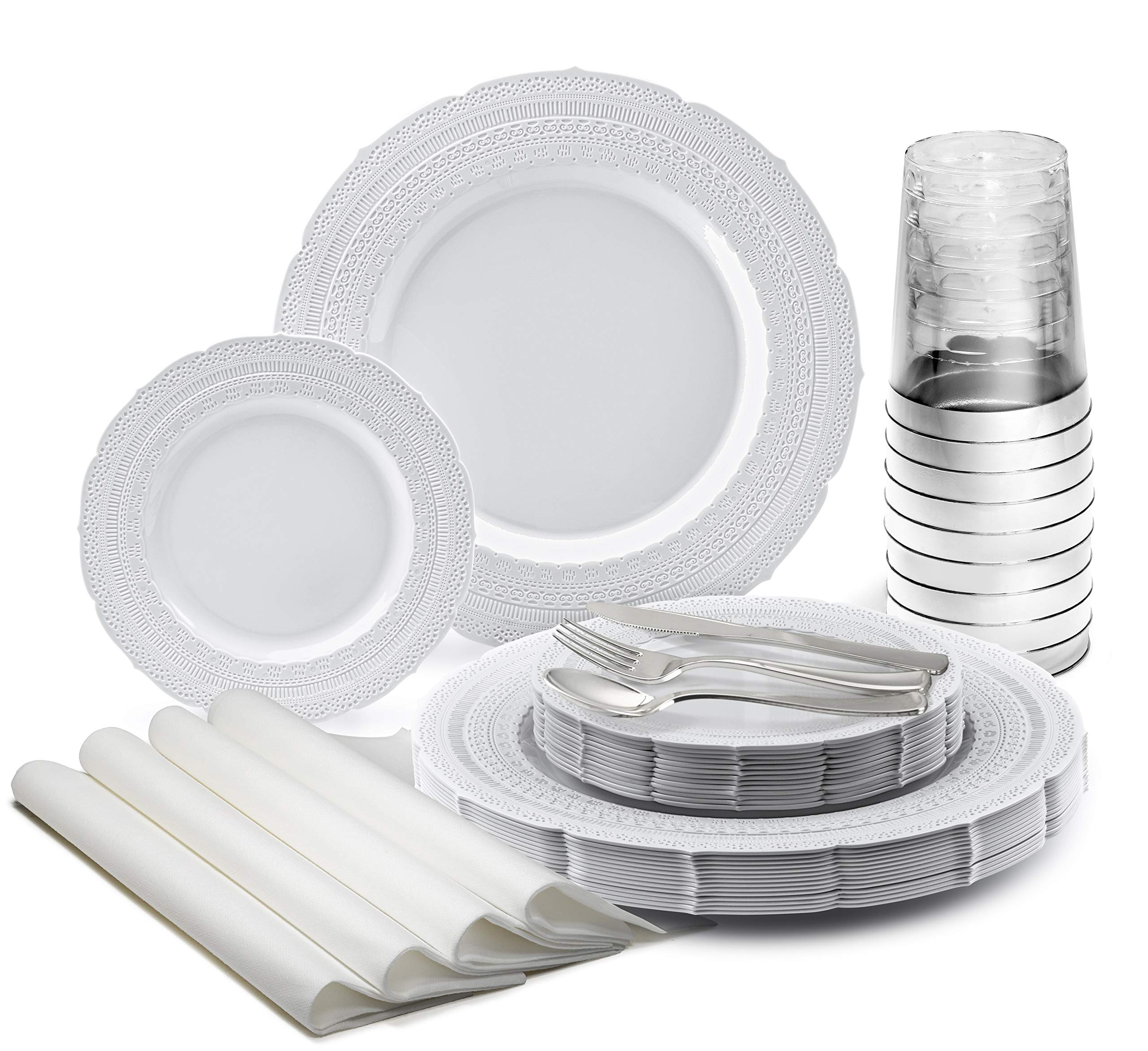 280-Piece Heavyweight Disposable Plastic Plate Set for Weddings & Parties - Includes 40 x 11'' Dinner Plates, 40 x 7'' Dessert Plates, Silverware, Cups & Napkins - Chateau Light Gray - Perfect for Large Gatherings, Catering & Special Events