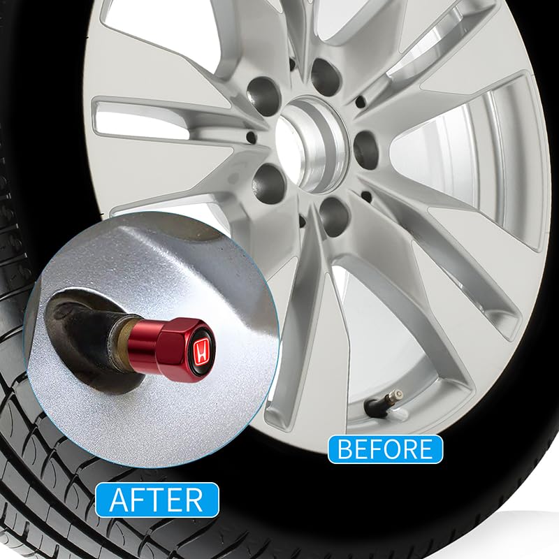 **Red Metal Car Wheel Tire Valve Stem Caps (5Pcs) - Compatible with Honda Civic, CR-V, Accord, Pilot, LX, EX, EX-L, Touring - Durable Auto Valve Stem Cover Accessories for Stylish Decoration & Protection - Perfect for Car Enthusiasts & Customization**