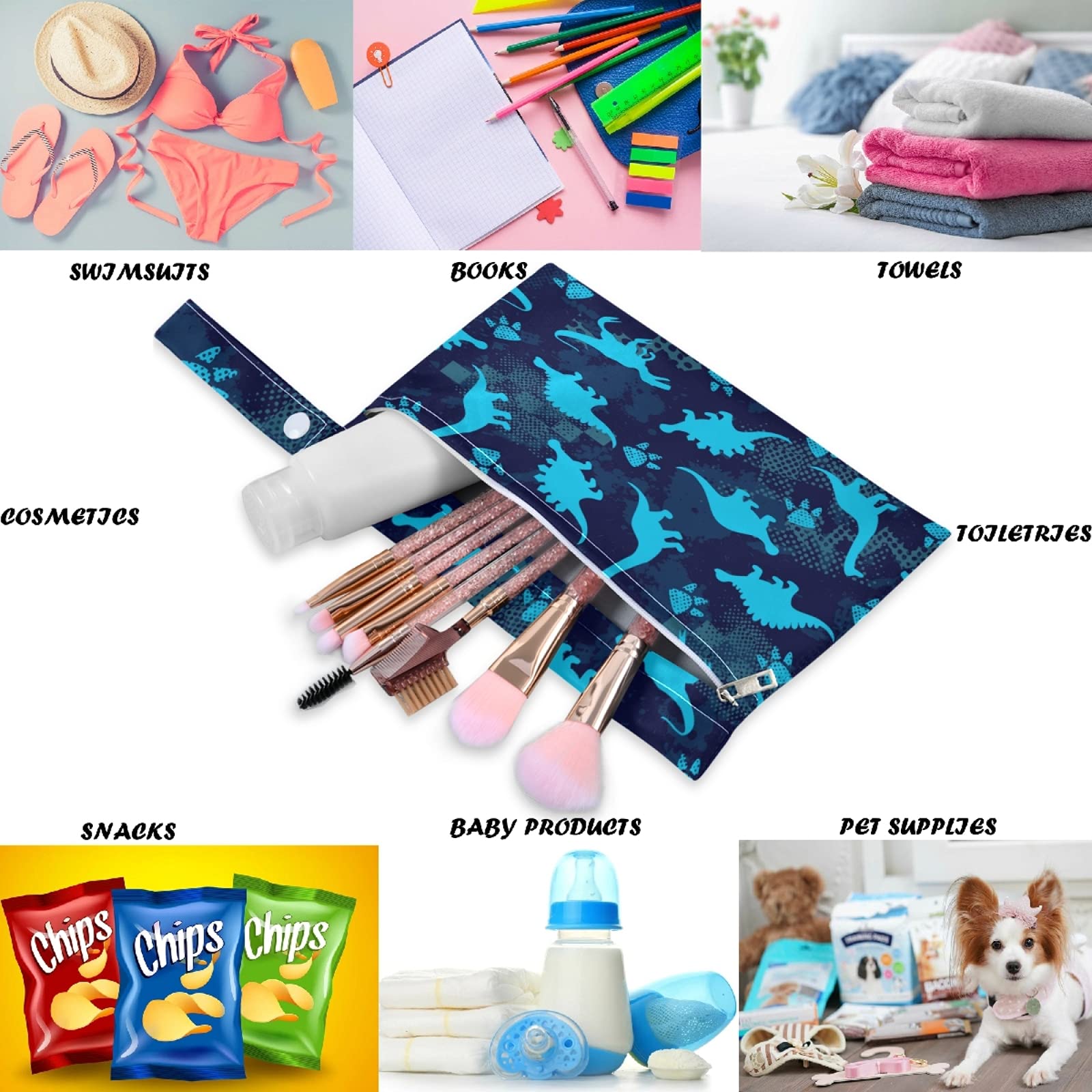 Visesunny Blue Dinosaur Print 2-Pack Waterproof Wet Bags with Zipper Pockets - Reusable & Washable Travel Organizer for Swimsuits, Diapers, Gym Clothes | Perfect for Beach, Pool, Daycare, Stroller & Toiletries Storage