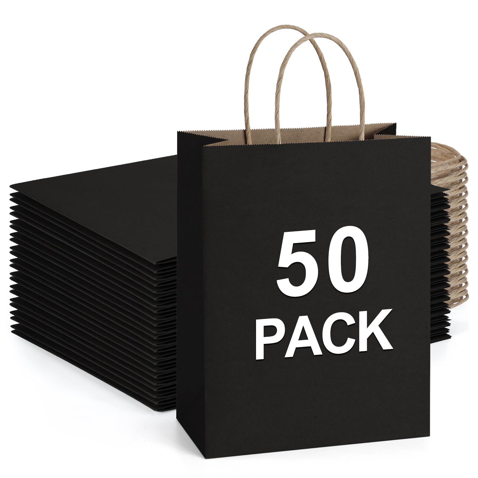 50Pcs Black Kraft Gift Bags with Handles 8x4.25x10.5 Inches - Bulk Paper Shopping Bags for Wedding Favors, Party Merchandise & Retail Packaging - Eco-Friendly & Durable for Stores, Events & Gifting