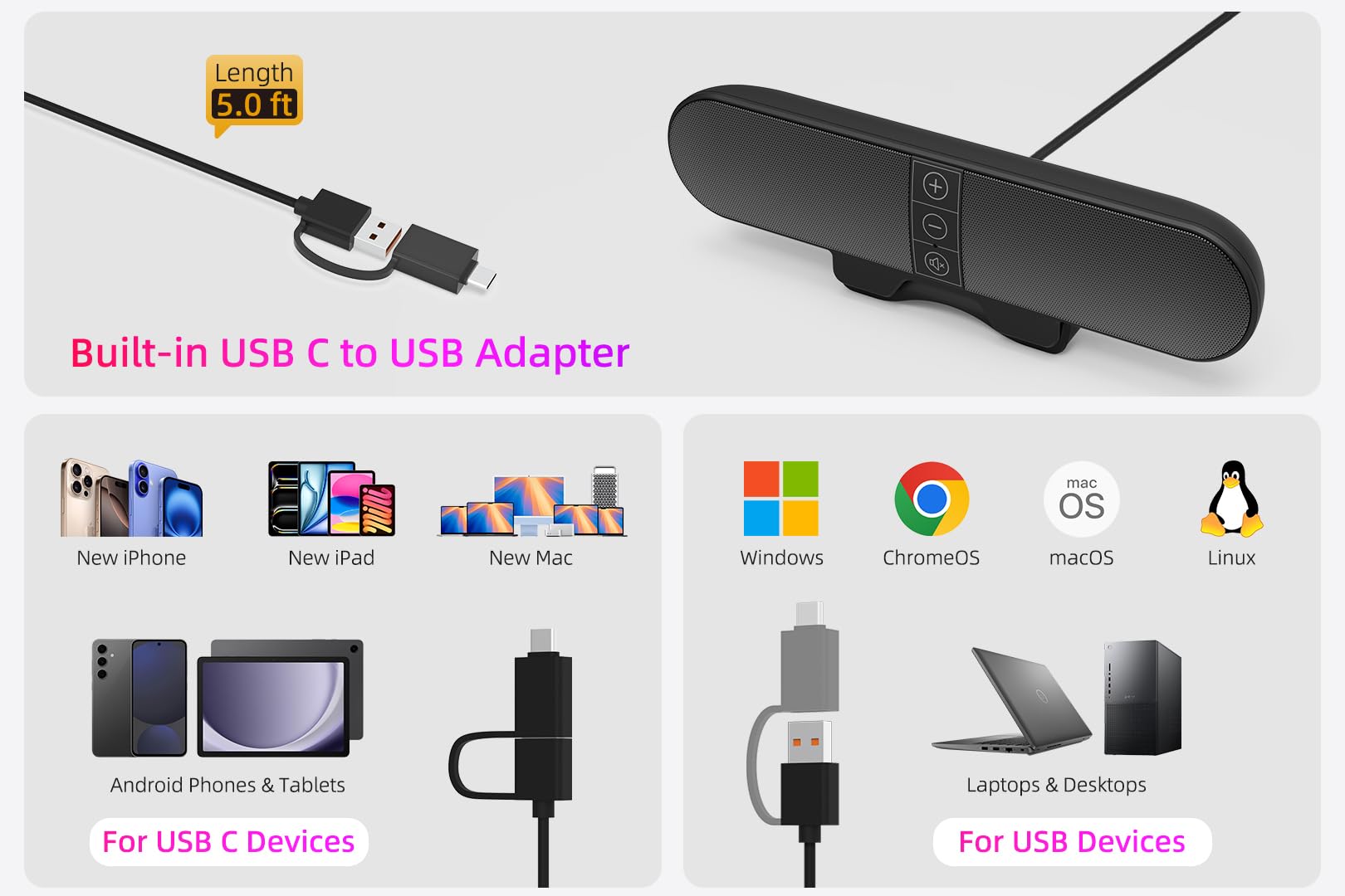 USB Computer Speakers for PC & Laptop - Clip-on Soundbar with Deep Bass for Gaming & Office Work