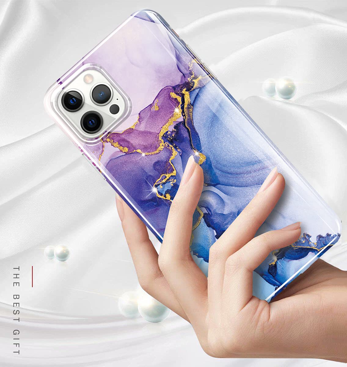 Luolnh Gold Glitter Sparkle iPhone 13 Pro Max Case (6.7 Inch 2021) - Marble Design Shockproof Silicone Bumper Phone Cover in Abstract Purple & Blue | Perfect for Everyday Protection & Stylish Accessorizing
