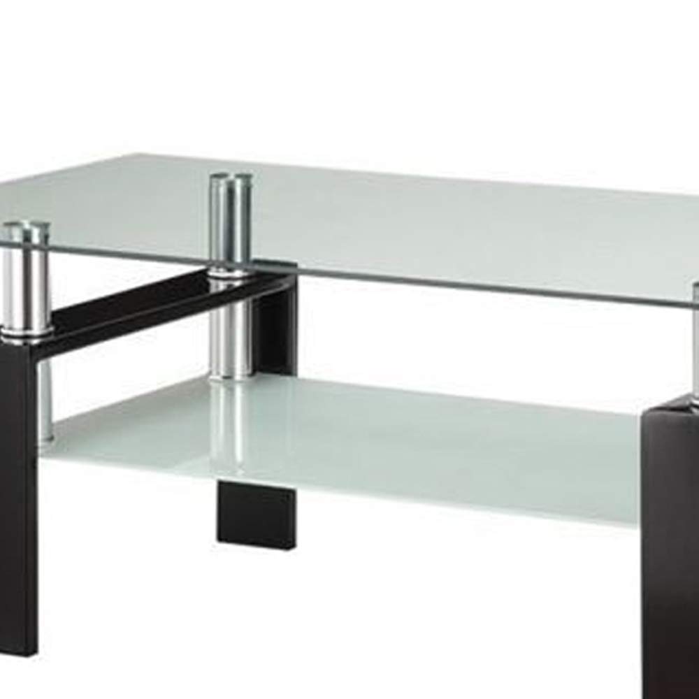Clear Glass Coffee Table with Black Metal Base & Shelf - Modern Living Room Decor