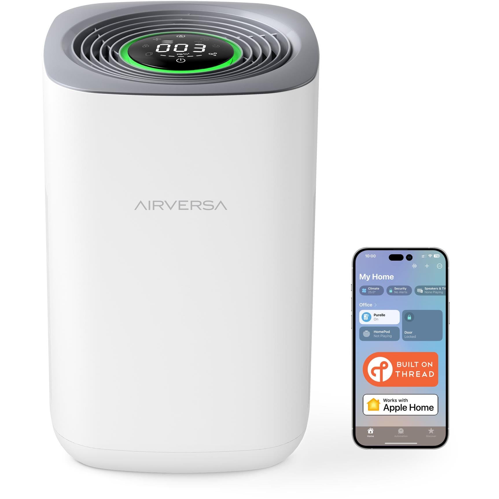 Airversa Purelle HEPA Air Purifier with HomeKit & Thread Support - Smart Air Cleaner for Allergies, Dust, and Pet Dander - Perfect for Bedrooms, Living Rooms, and Offices