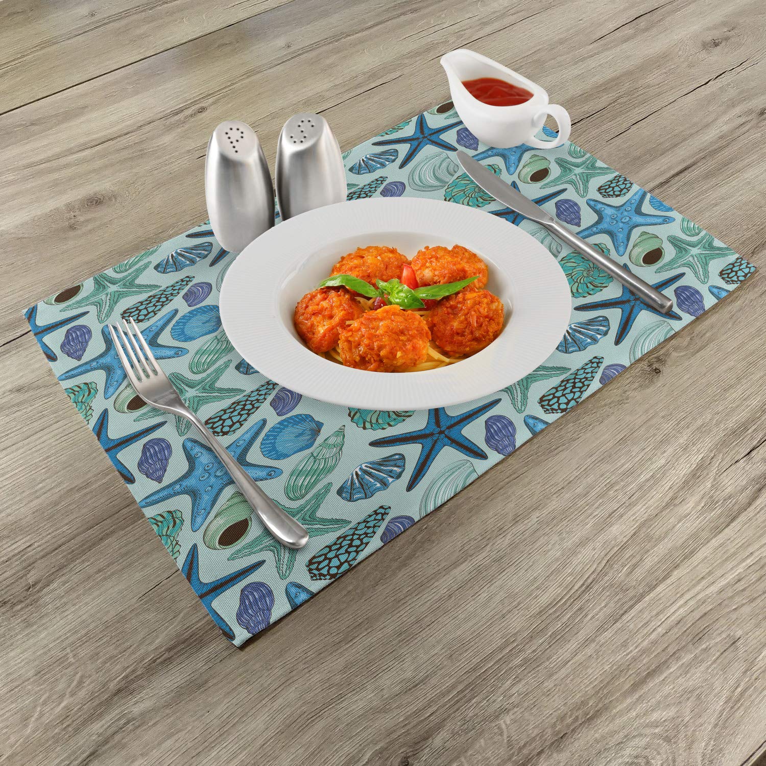 Ambesonne Starfish Place Mats Set of 4 - Tropical Seashell & Ocean Theme Washable Fabric Dining Table Mats - Blue Seafoam Standard Size for Beach House, Coastal Decor & Summer Entertaining
