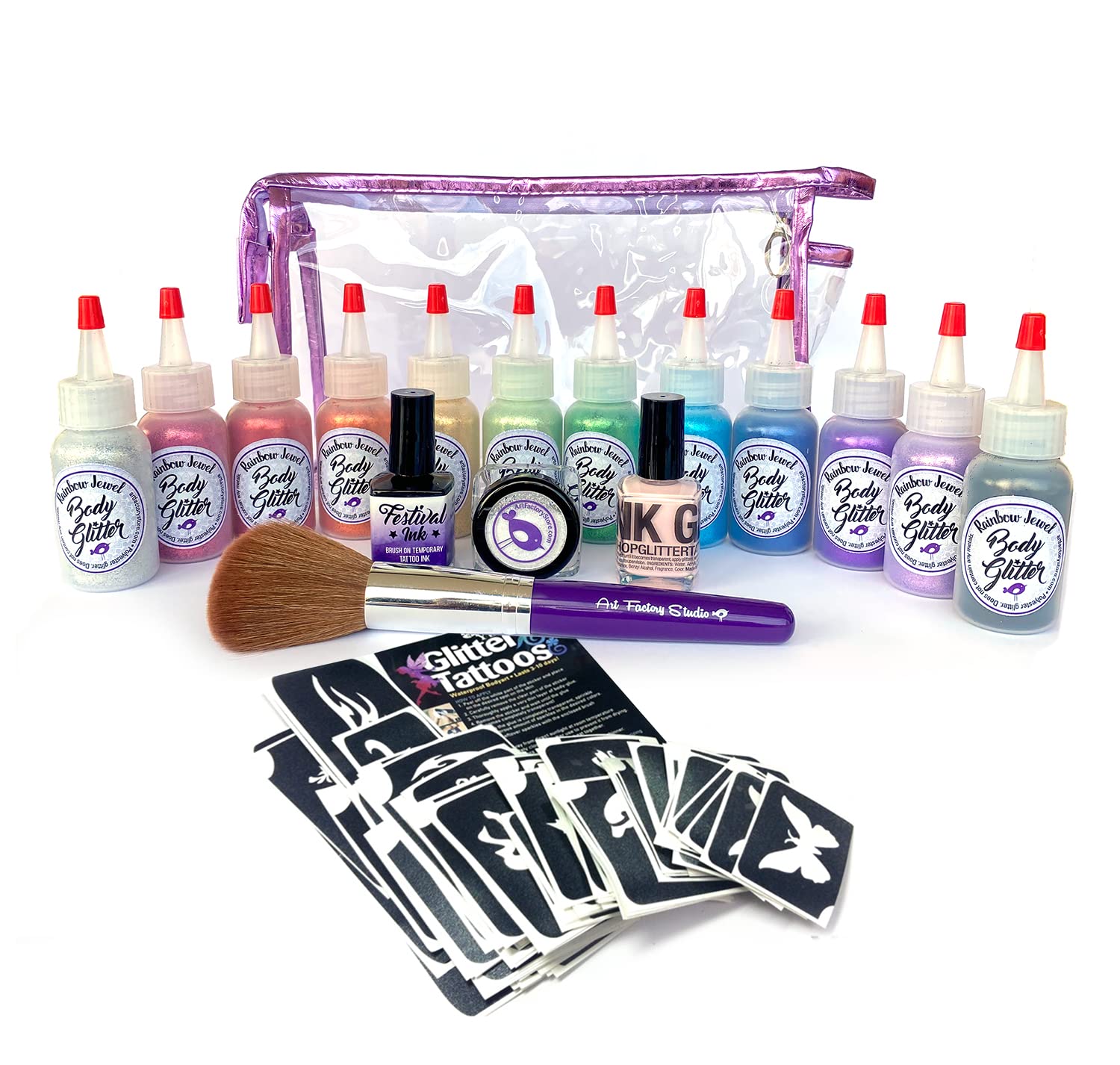 Glitter Tattoo Pro Kit with Rainbow Squeeze Bottles Set - Professional Temporary Body Art for Parties, Festivals, and Events