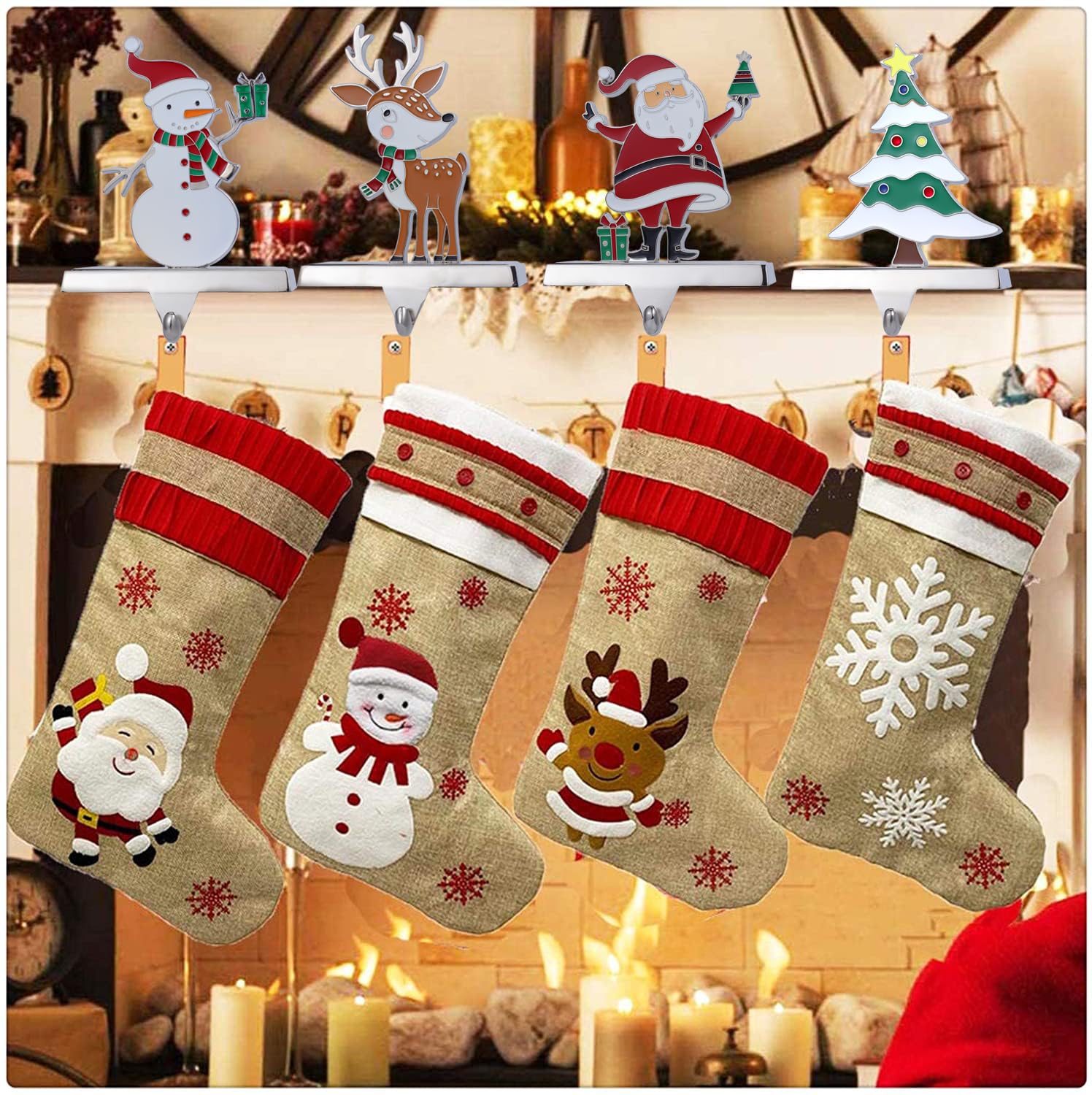 Premium Metal Christmas Stocking Holders - Set of 4 Silver Stocking Hangers for Fireplace Mantel Decor | Holiday Home Decoration & Gift Hanging