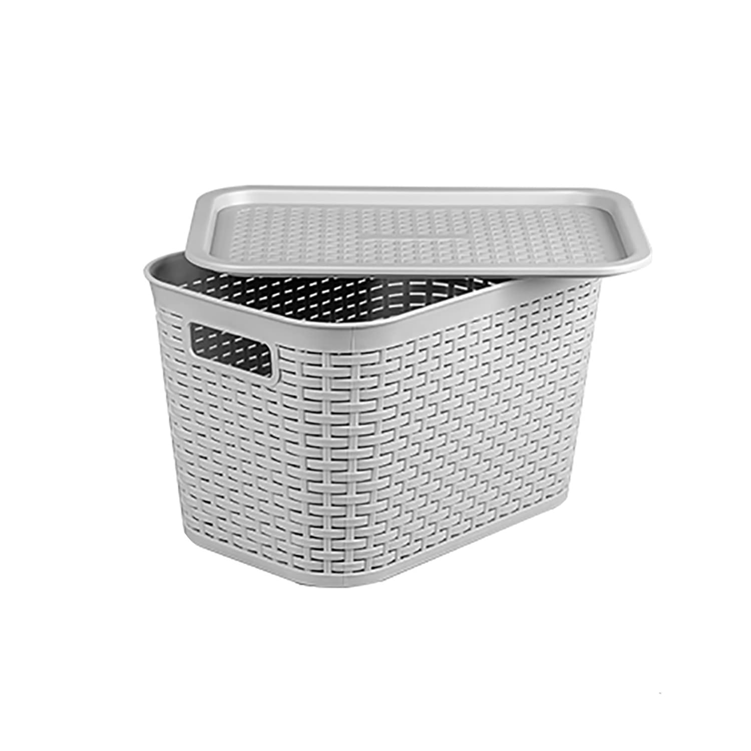 Plastic Storage Baskets with Lids & Handles - 25L Grey Woven Organizer Box for Bathroom, Kitchen, Shelves - Durable Rattan-Style Bins for Home Organization & Closet Storage
