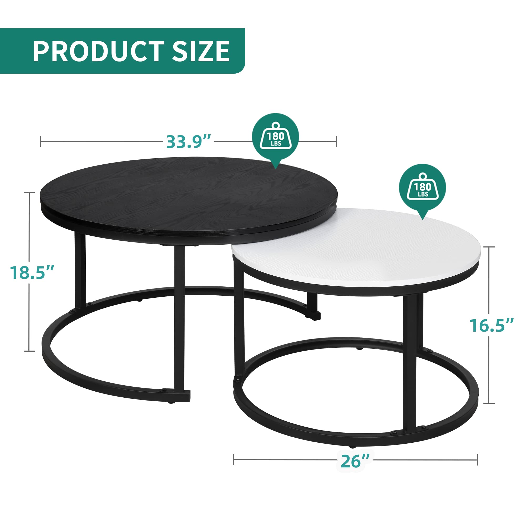 YITAHOME 2-Piece Round Nesting Coffee Table Set - Sturdy Metal Frame & Wood Top in Black & White - Perfect for Living Room, Lounge, or Small Spaces