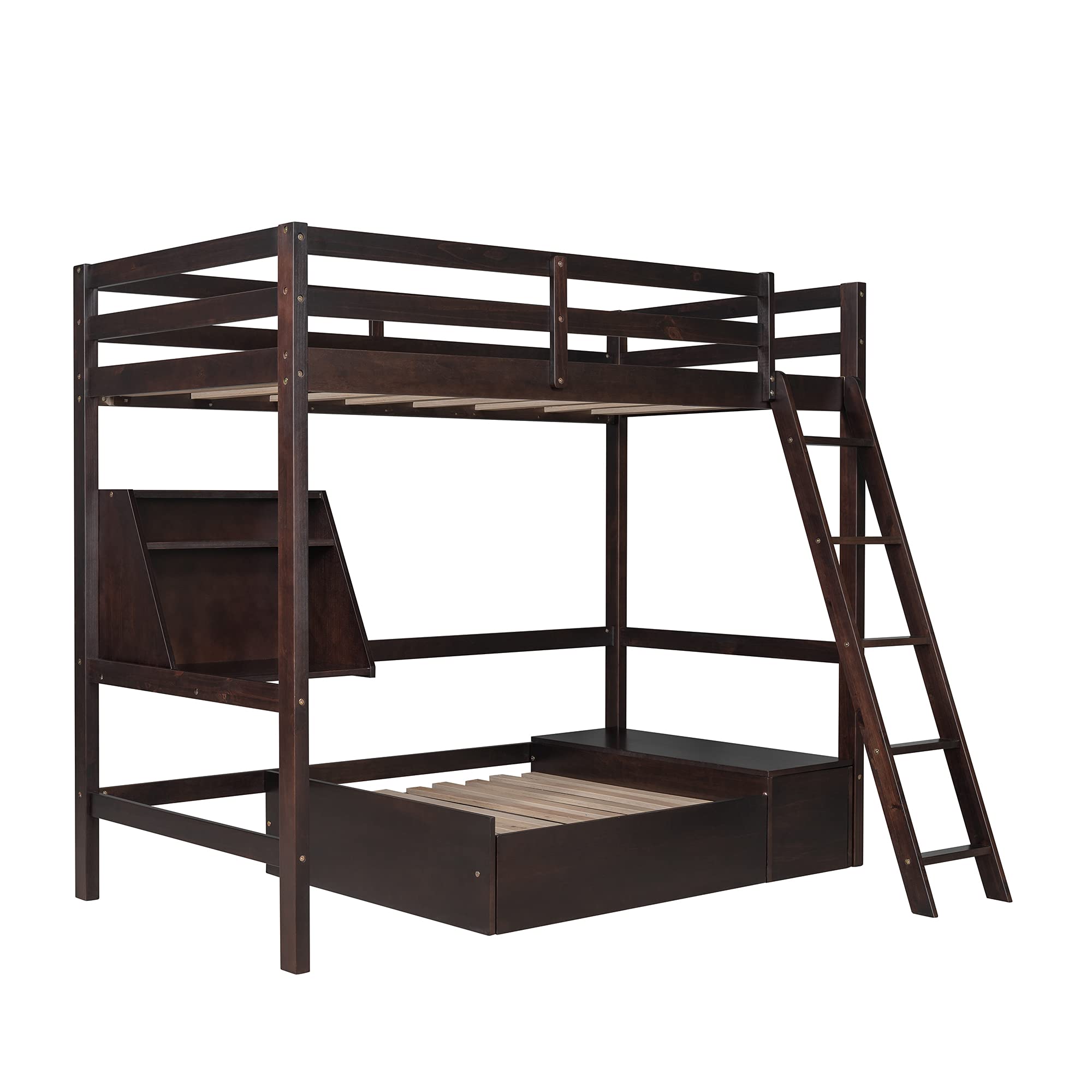Twin Size Loft Bed with Convertible Lower Bed, Storage Drawer & Shelf - Wooden L-Shaped Bunk Bed Separates into Loft Bed or Platform Bed (Espresso Finish) - Perfect for Kids' Rooms, Small Apartments & Space-Saving Bedroom Solutions