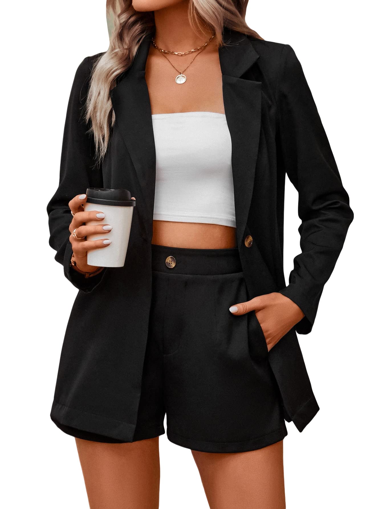 Verdusa Women's 2-Piece Outfit Set - Long Sleeve Blazer Jacket & Shorts Suit for Office, Business, and Casual Wear | Professional & Stylish Women's Workwear