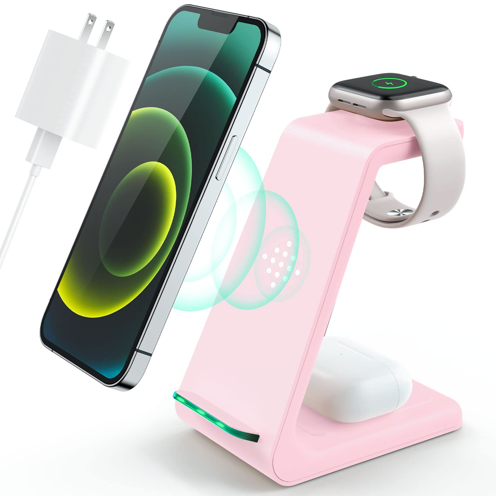 3-in-1 Fast Wireless Charging Station for iPhone 15/14/13/12/11 Pro Max/X/Xs/8 Plus, AirPods Pro/3/2 & Apple Watch Series Ultra/9/8/7/SE - Pink | Multi-Device Desk Charger Stand for Home, Office & Nightstand