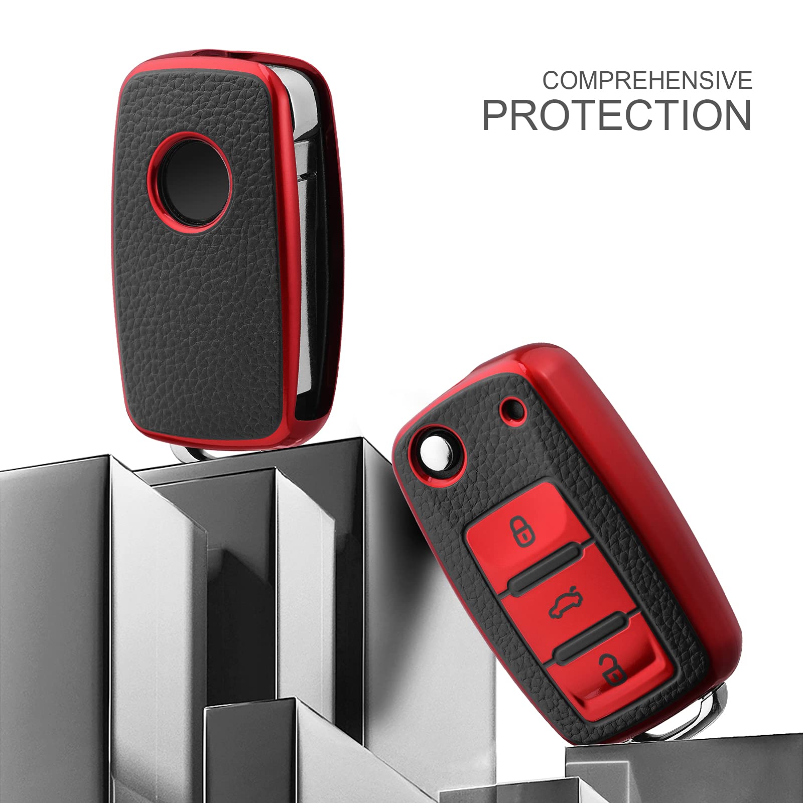 OATSBASF Genuine Leather Car Key Cover for VW Golf, Polo, Passat, Skoda, Seat - 3 Button Remote Key Fob Protector (Red) - Premium Key Case for Vehicle Protection & Style Enhancement