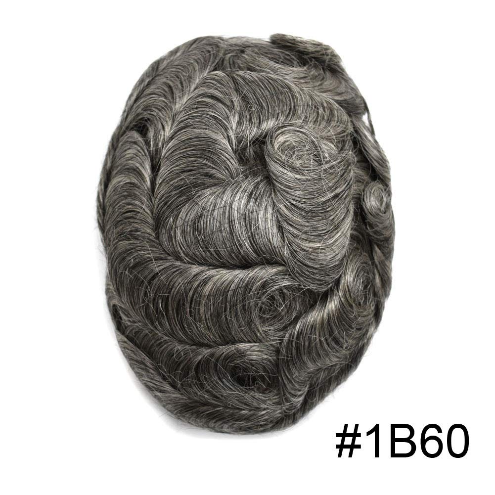100% European Real Human Hair Toupee for Men - Swiss Lace Front Hairpiece | Bleached Knots | 1B60 Off Black with 60% Gray | 120% Density (7x9 Inch) | Natural Looking Hair Replacement System for Daily Wear & Special Occasions