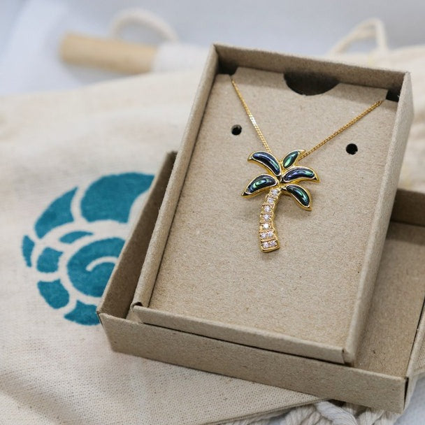 Golden Palm Tree Necklace with Genuine Abalone Shell Pendant - Tropical Beach Jewelry for Women, Perfect for Summer Vacations & Boho Fashion