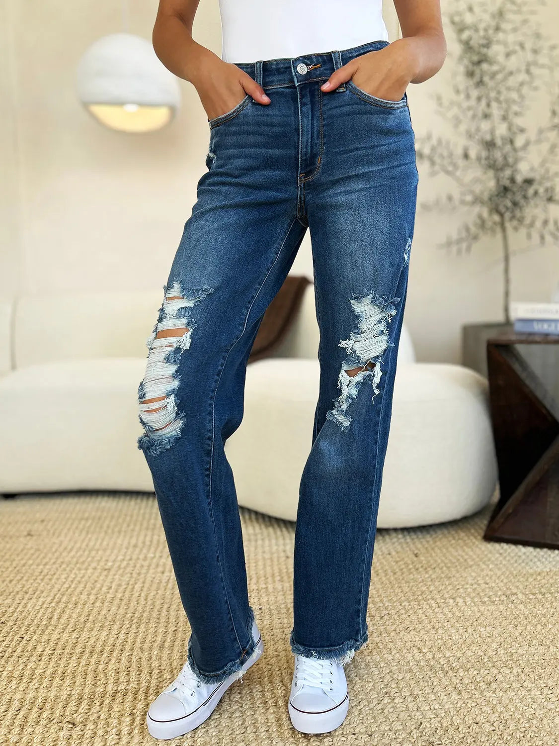 Judy Blue Women's Mid Rise Distressed Raw Hem Jeans - Comfortable Stretch Denim for Casual Wear & Everyday Outfits