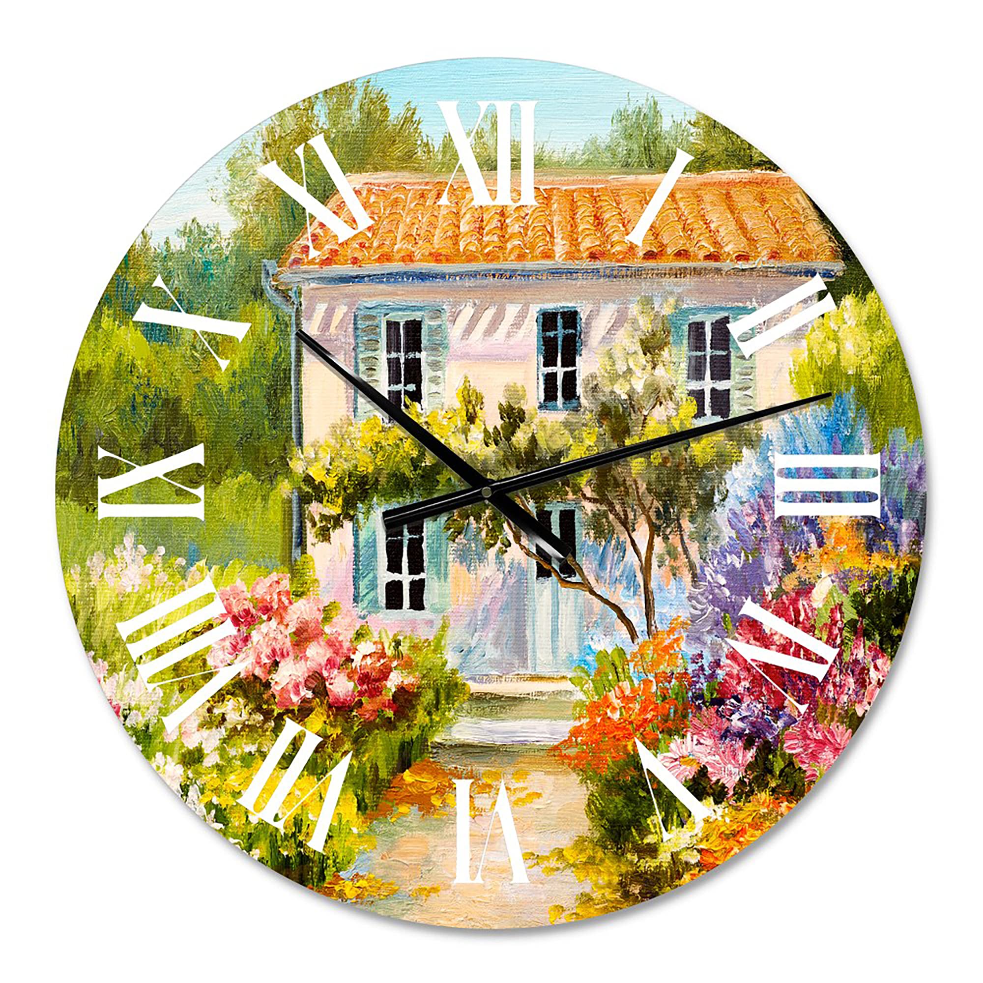 DesignQ Traditional Wall Clock - 'Little House On The Mountain with Flowers II' Landscape Nature Decor - Large Silent Non-Ticking Clock for Kitchen, Living Room, Bedroom, Office & Home Decor