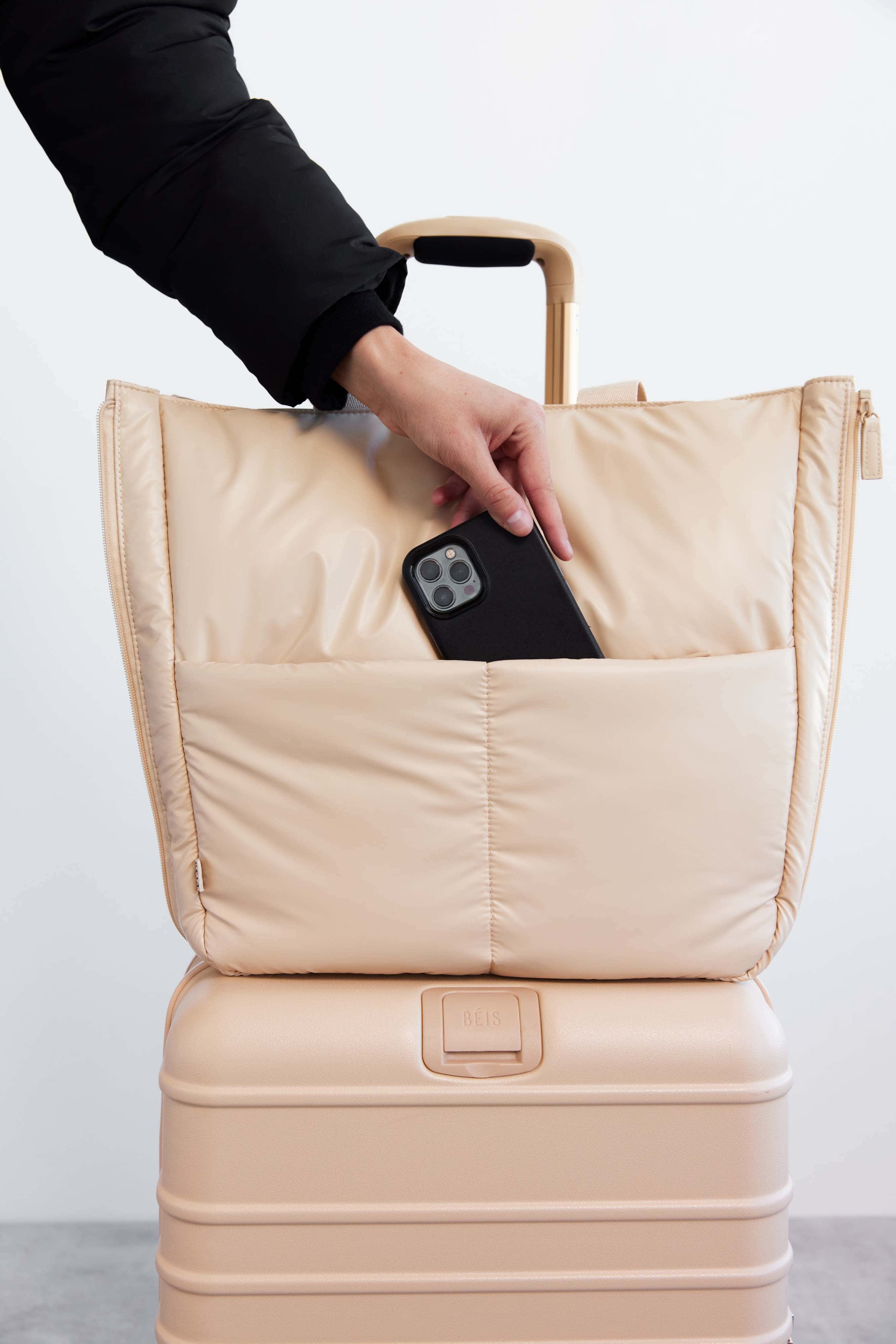 Expandable Beige Tote Bag - Stylish & Spacious for Travel, Shopping, and Everyday Use
