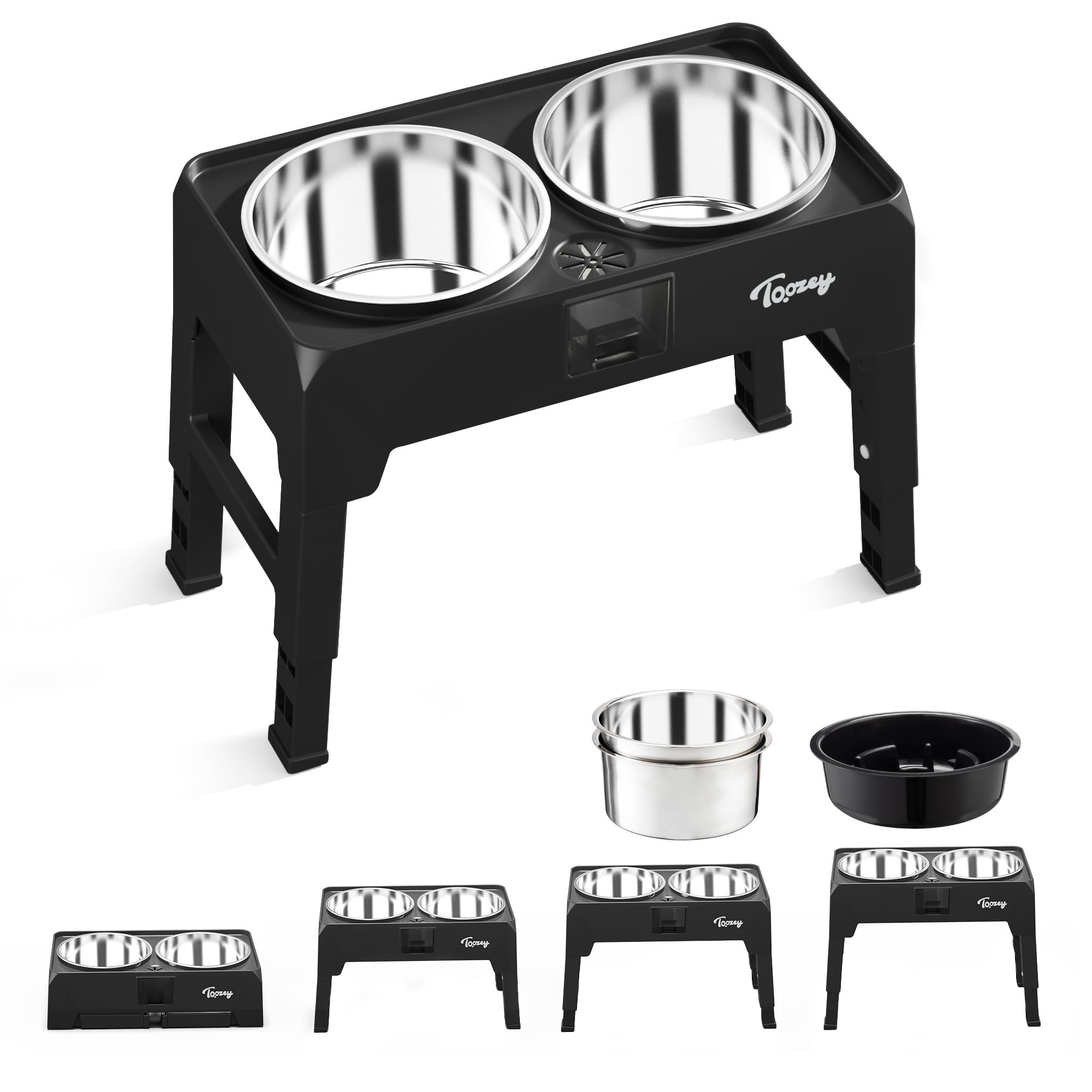 Toozey Elevated Dog Bowls Set - 2 Large 68oz Stainless Steel Bowls & 1 Slow Feeder - Adjustable Height (4 Levels) for Large, Medium & Small Dogs - Spill-Proof Design with Water Collection Tray - Perfect for Mealtime, Digestion & Mess-Free Feeding (Black)