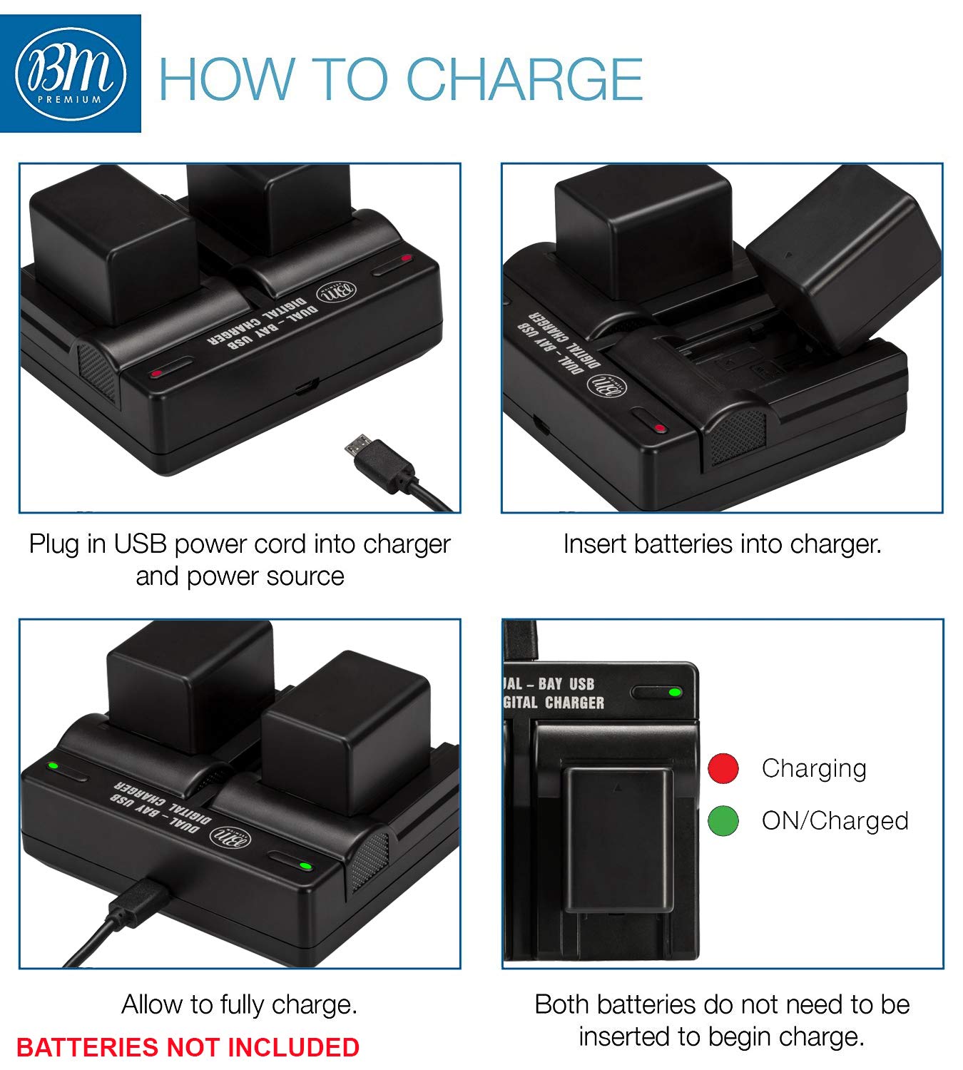 BM Premium BP-727 Dual Battery Charger for Canon HFR80/HFR82/HFR800/HFR70/HFR72/HFR700/HFM500/HFR30/HFR32/HFR300/HFR40/HFR42/HFR400/HFR50/HFR52/HFR500/HFR60/HFR62/HFR600 Camcorders - Fast Charging Station for Travel & Professional Videography