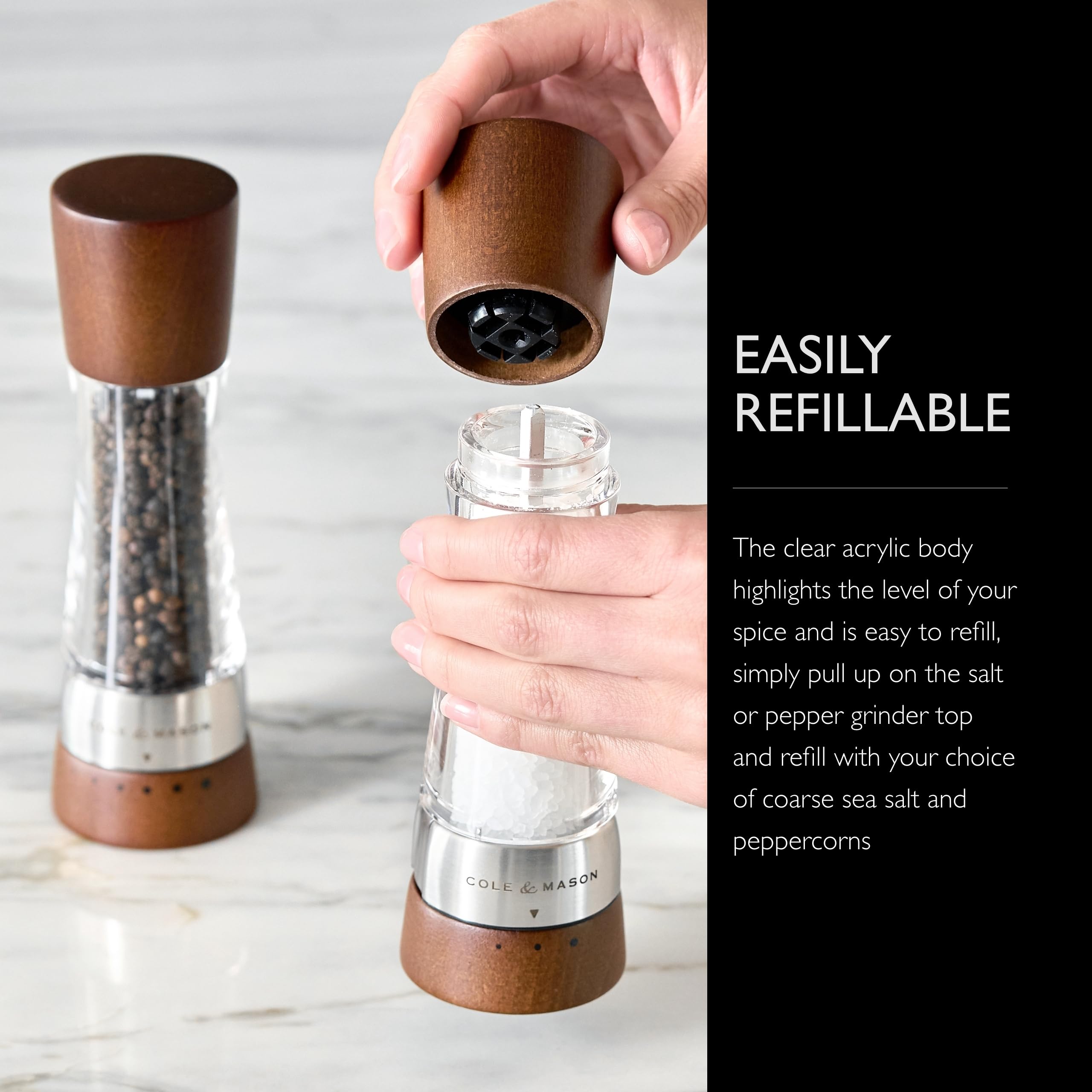 Cole & Mason Derwent Salt and Pepper Grinder Set - Premium Stainless Steel Precision Mechanism with Adjustable Coarseness, Includes Sea Salt & Peppercorns - Elegant Forest Wood Finish for Kitchen, Dining Table & Gourmet Cooking