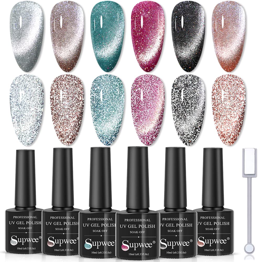 Reflective Glitter Cat Eye Gel Nail Polish Set - Sparkling Diamond Magnetic UV Gel Polish with Shiny Finish, Soak Off Nail Art Kit for Salon & Home Manicures | Perfect for Parties, Weddings & Special Occasions