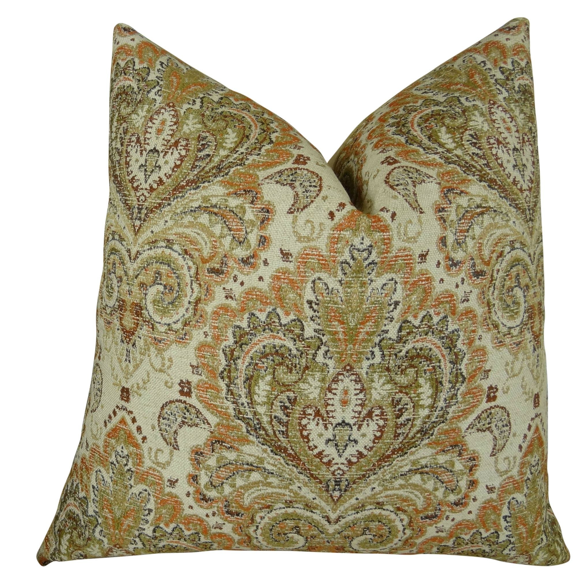 Thomas Collection Luxury Decorative Throw Pillow - Cream Tan Brown Green Orange Geometric Medallion Cushion - Floral Sofa Pillow, Made in USA, 11038 | Perfect for Living Room Decor, Bedroom Accent & Home Styling