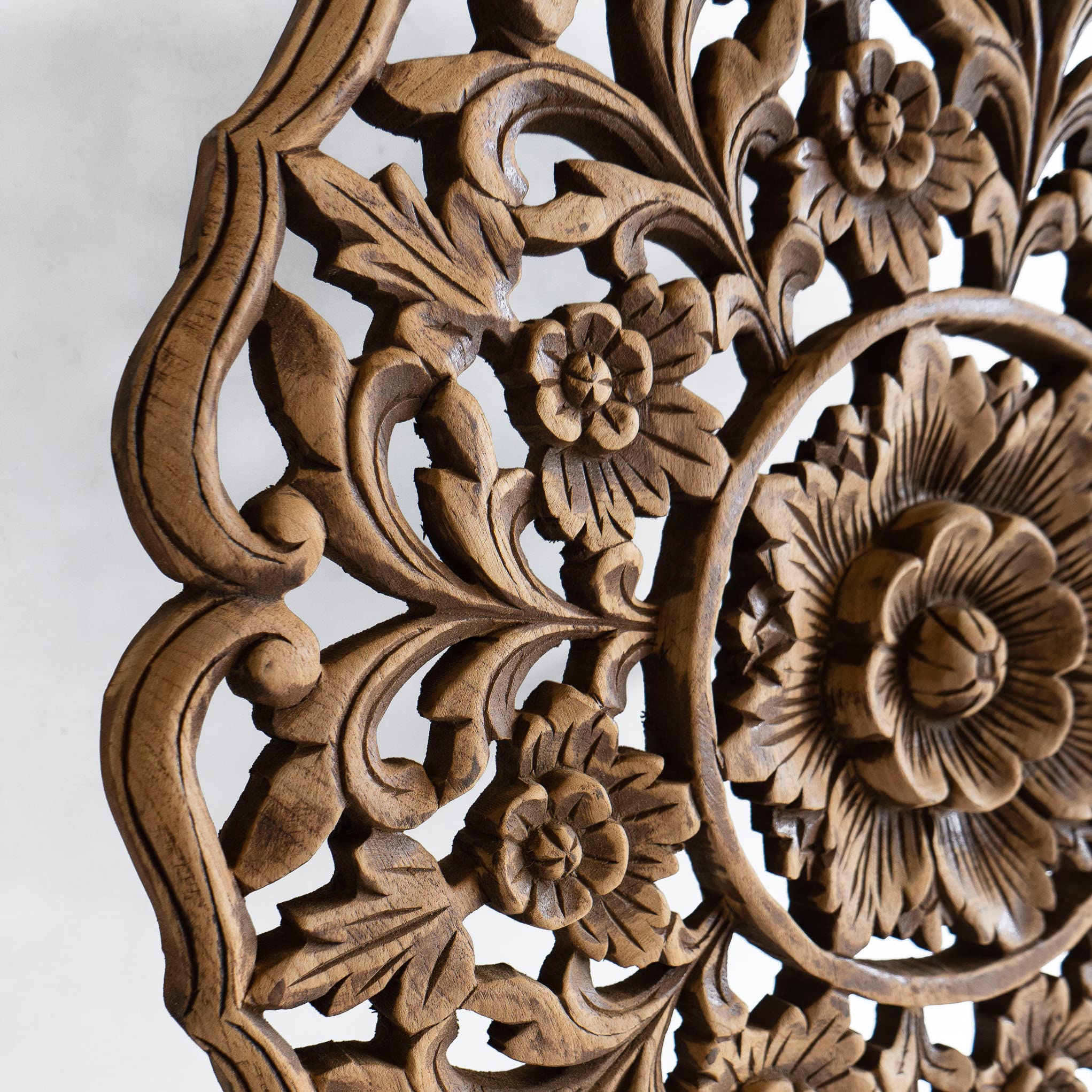 Handmade Teak Wood Lotus Circle Medallion Wall Hanging - 24 Inch Rustic Brown Carved Wood Art for Home Decor, Living Room, Bedroom & Boho Style Interiors
