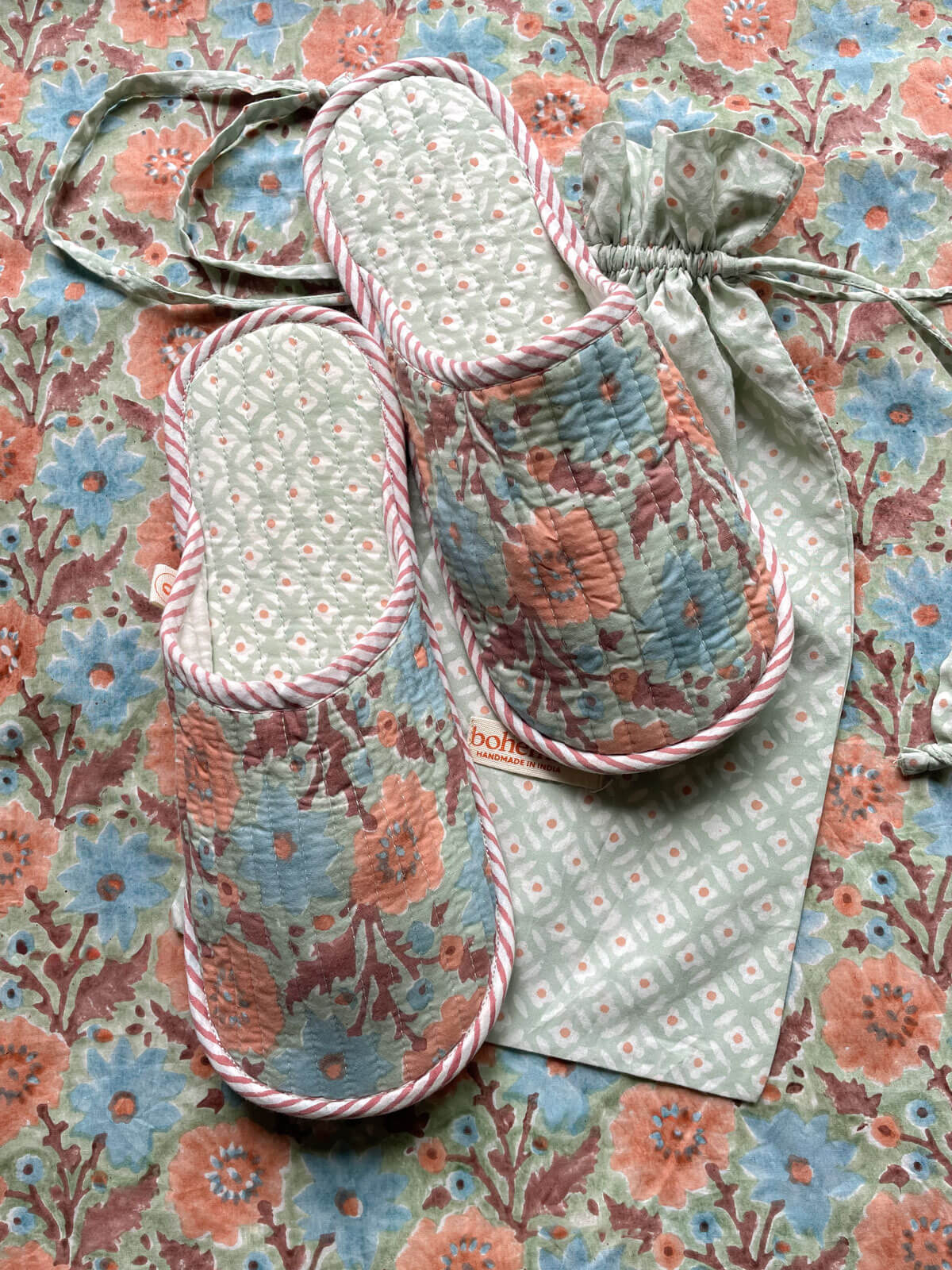 Handmade Block Print Cotton House Slippers - Duck Egg Blue | Comfortable Indoor Slides for Women | Perfect for Home, Spa & Yoga Relaxation