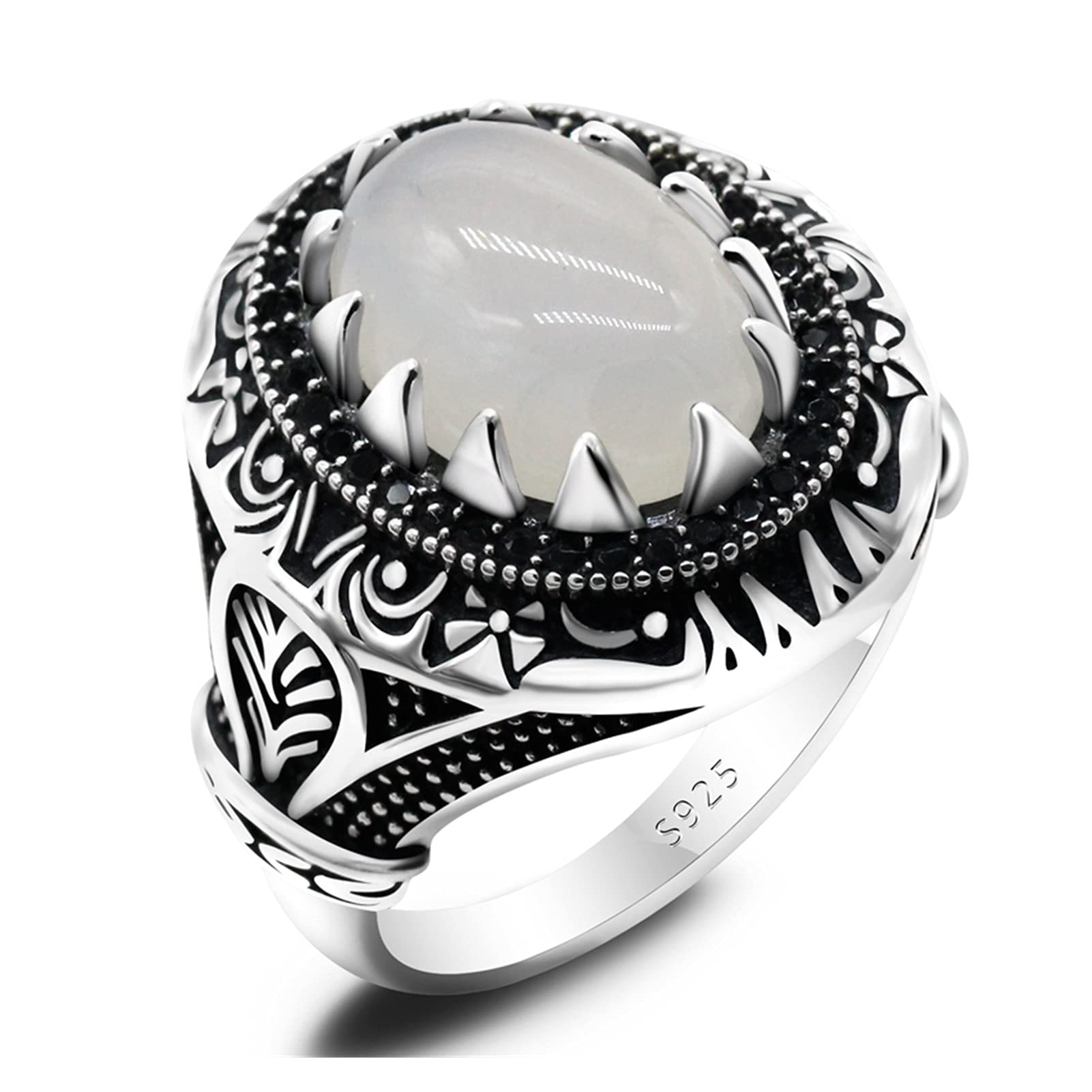 Natural Agate Ring for Men - 925 Sterling Silver Punk Vintage Style with White Stone & Black Zircon - Adjustable Sizes 6-13 - Perfect for Gifts, Weddings, and Everyday Wear
