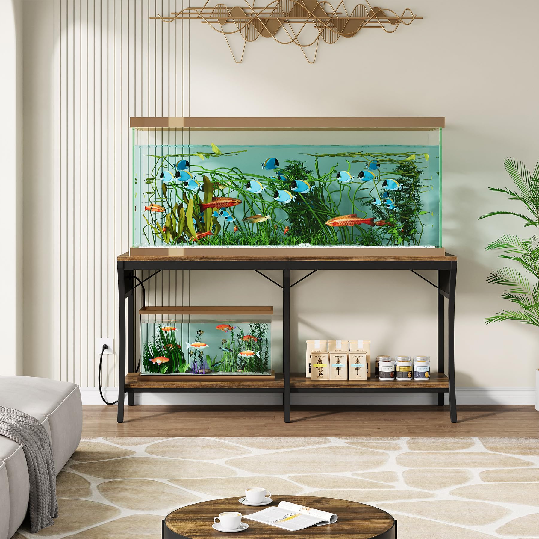 55-90 Gallon Heavy Duty Aquarium Stand with LED Light Strip & Power Outlets - 2-Tier Metal Fish Tank Stand for Reptiles & Large Aquariums - 1000LBS Capacity (Brown/Black) - Perfect for Home, Office & Pet Store Displays