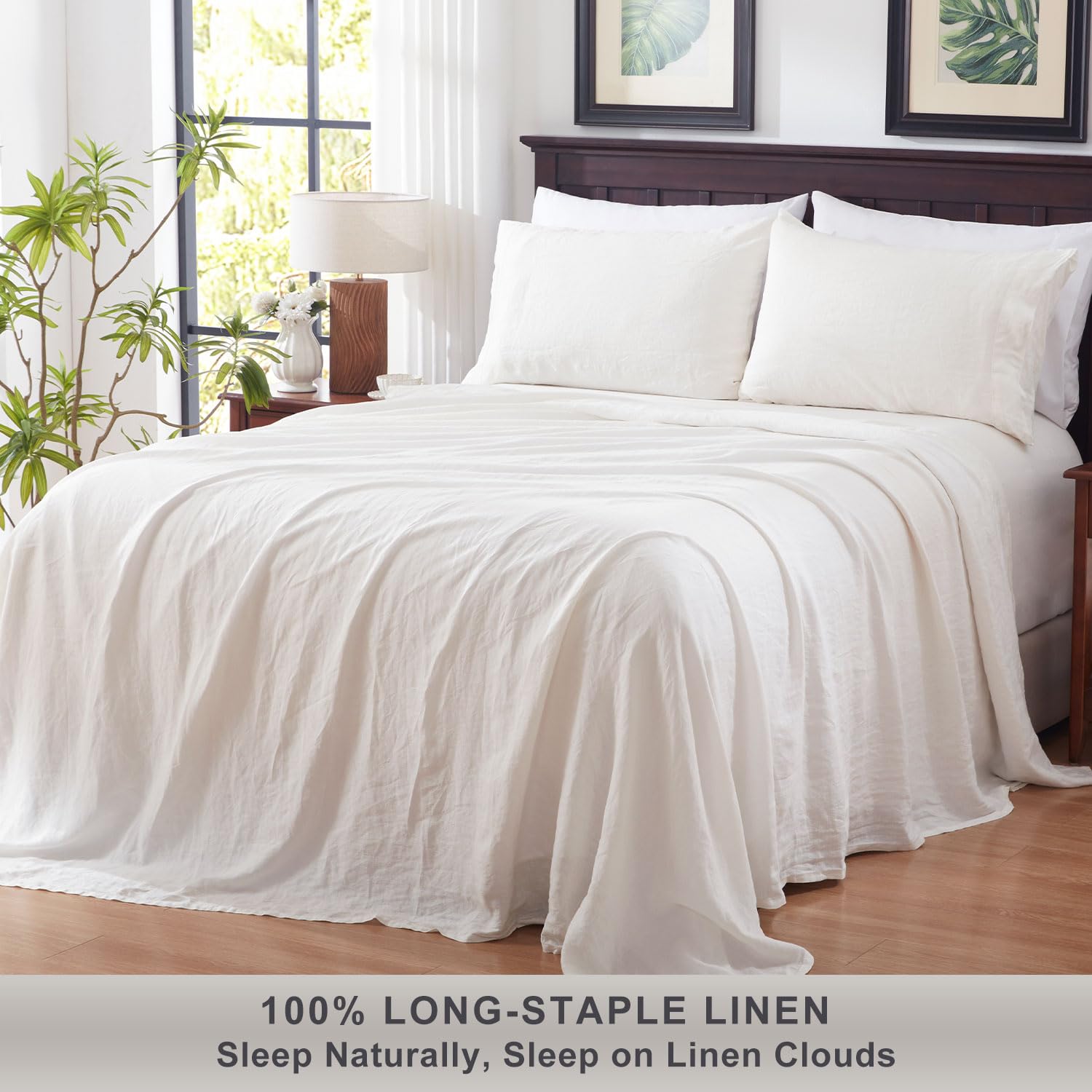 Premium 100% French Flax Linen Bedding Set - Queen Size 4pc (Flat Sheet, Fitted Sheet & 2 Pillowcases) | Natural Breathable & Soft Off White Linen Sheets for Comfortable Sleep | Perfect for Bedroom, Guest Room & Vacation Homes