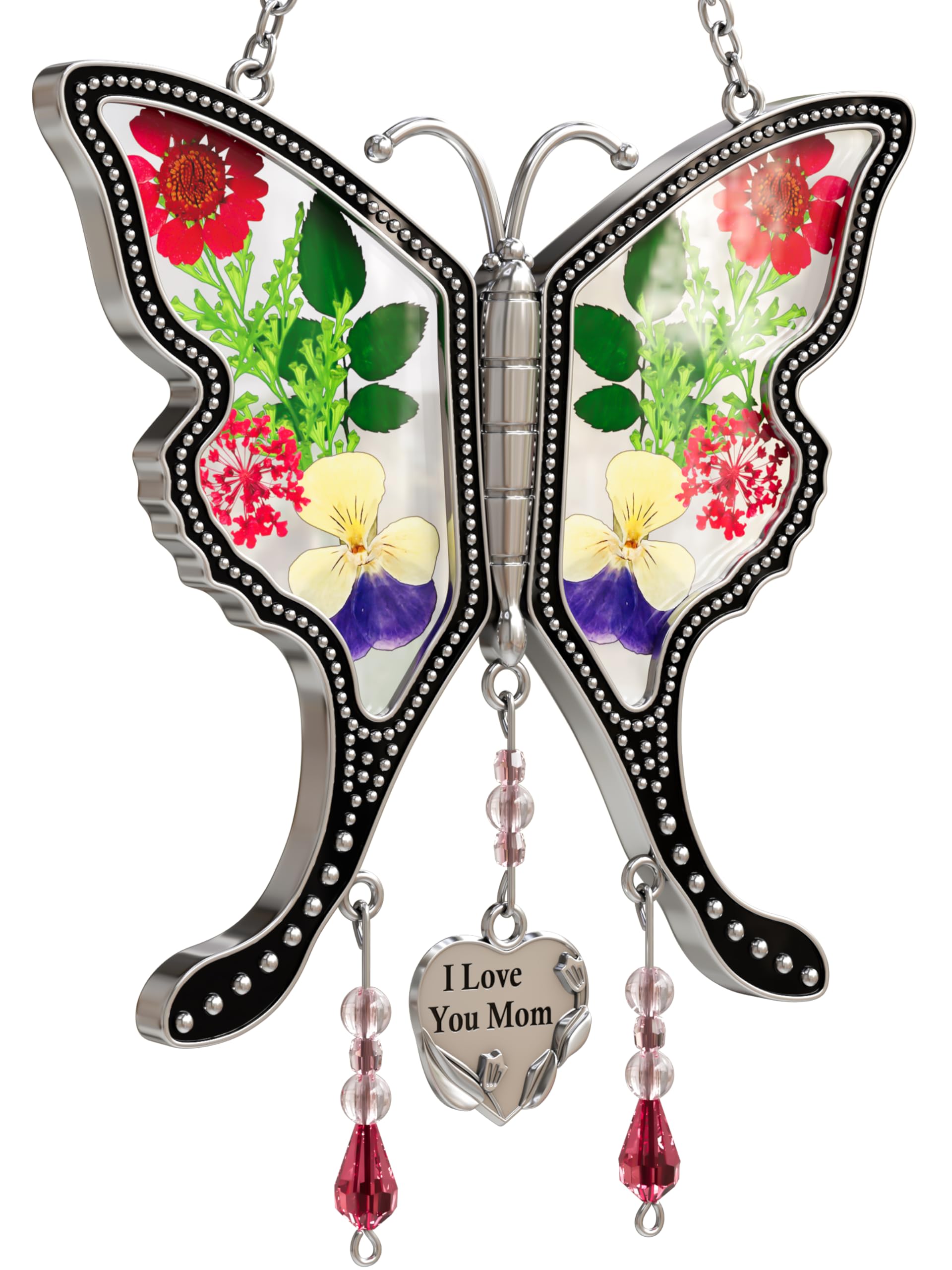 KY&BOSAM Real Flower Pressed Butterfly Suncatcher - Stained Glass with Silver Heart Charm, Unique Mother's Day Gift, Birthday Present for Mom, Valentine's Day Keepsake | Window Decor, Home Garden Ornament, Thoughtful Gift for Wife & Grandma