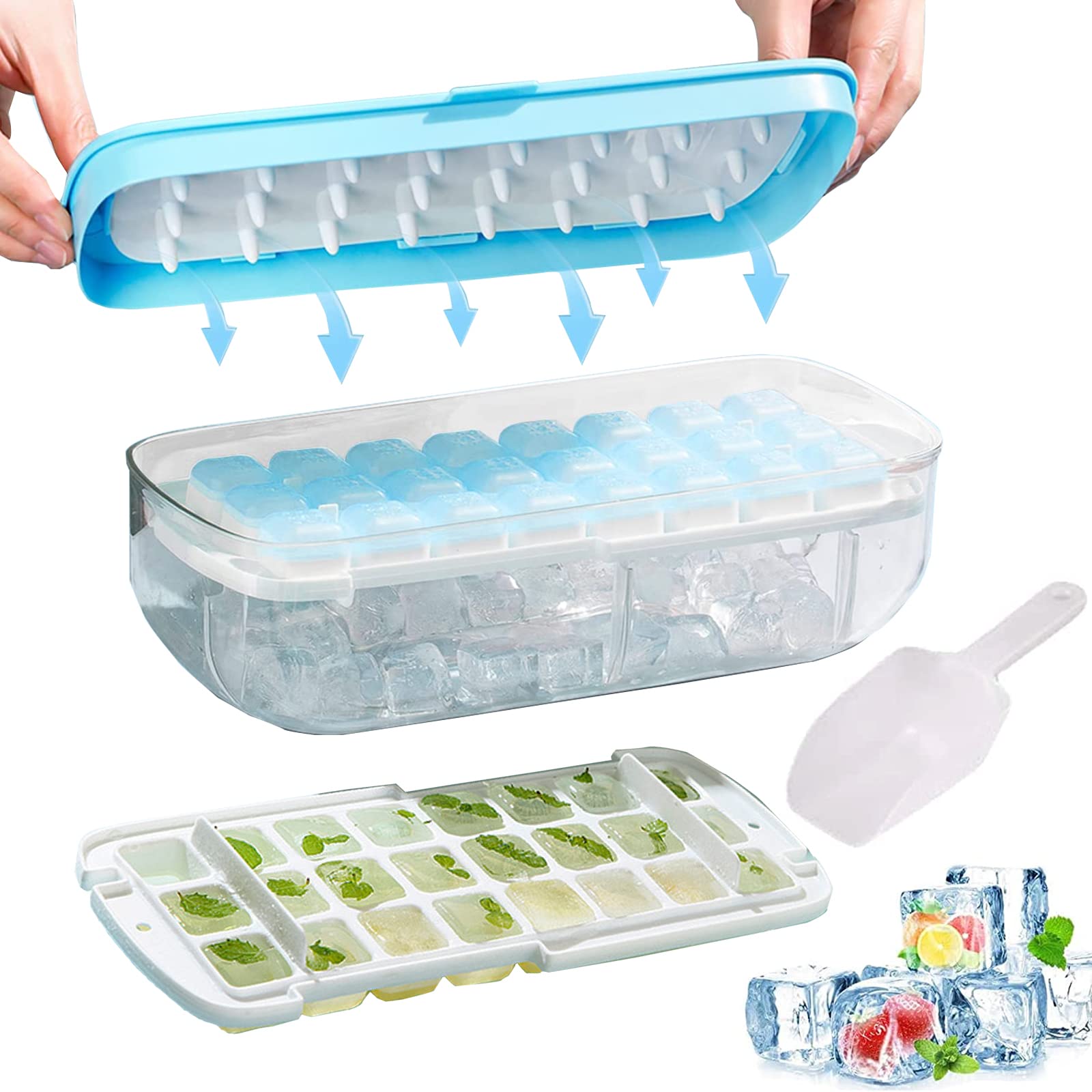 YIANKEJI Press-Type Ice Cube Maker with Lid & Storage Container - BPA Free, 24-Cube Tray for Fruits, Jelly, Coffee & Cocktails - Quick Release Design (Blue) | Perfect for Home Bars, Parties & Summer Drinks
