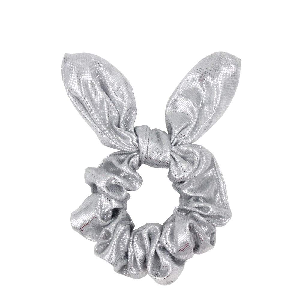 4 Pack Metallic PU Leather Hair Bows - Gold or Silver Shiny Hair Scrunchies, Ponytail Holders & Hair Wristbands for Women & Girls - Perfect for School, Gym, Dance, Party & Everyday Wear (Silver)