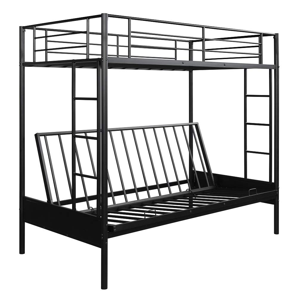 Rhomtree Convertible Metal Bunk Bed - Twin Over Futon or Full Size Loft Bed Frame with Ladder for Kids, Teens & Guests - Space-Saving Solution for Small Bedrooms, Dorms & Apartments - Black
