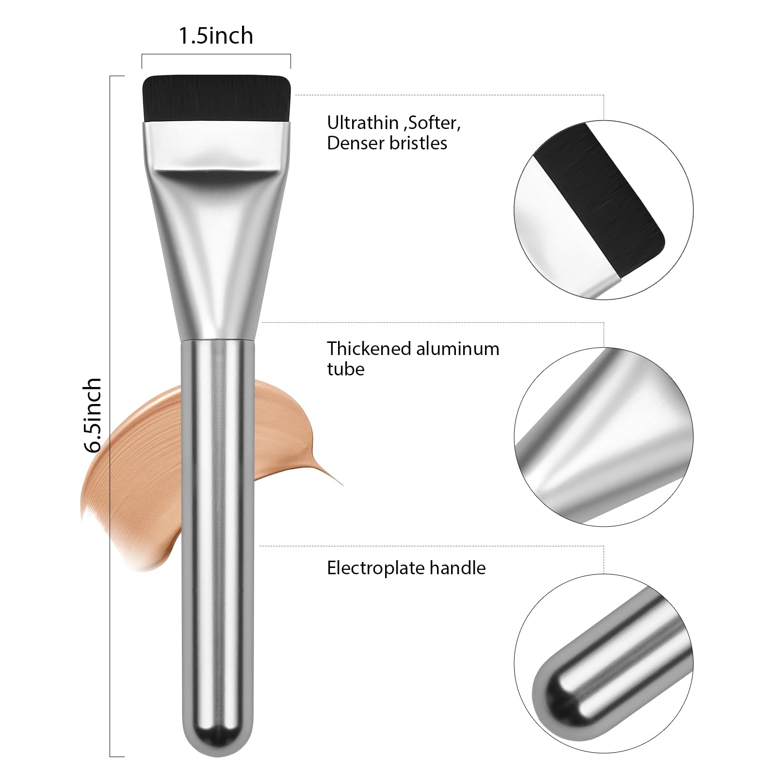 2Pcs Flat Foundation Brush Set - Premium Korean Makeup Brush for Liquid Foundation & Cream Blending - Face Mask Brush & Makeup Spatula (Black & Silver) - Perfect for Professional Makeup Application & At-Home Skincare Routine