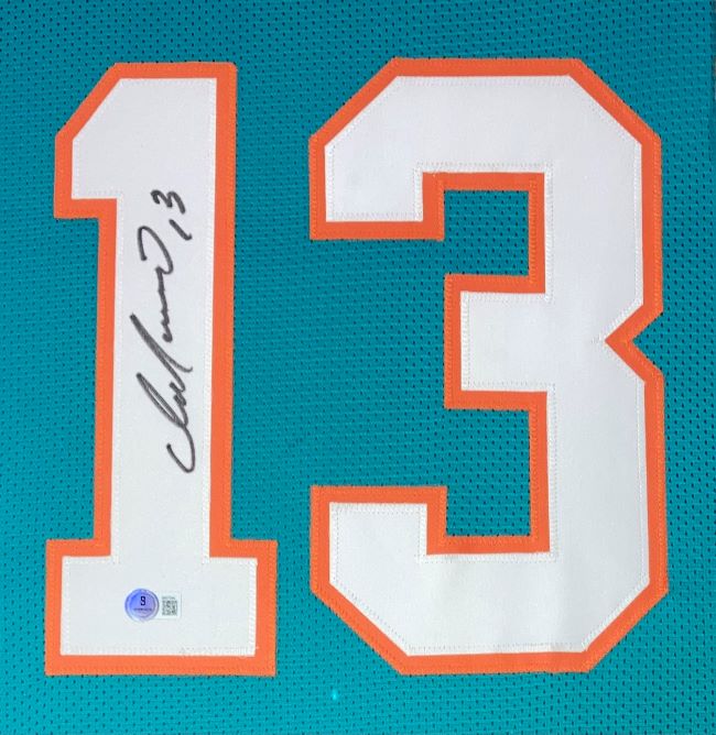 Dan Marino Autographed Miami Dolphins Teal Football Jersey - Framed & Customized for Display - Perfect for Sports Memorabilia Collectors and Dolphins Fans