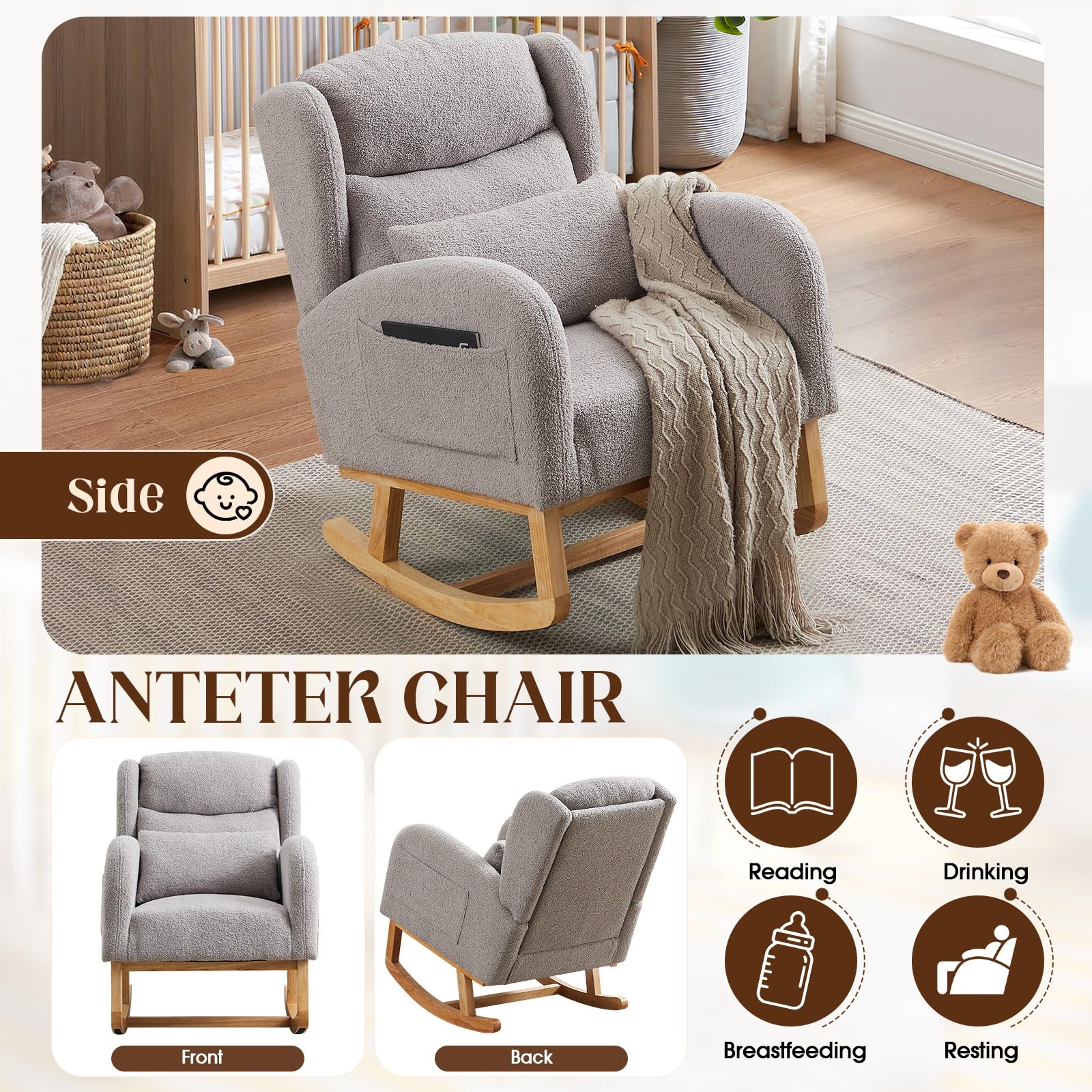 Antetek Modern Grey Teddy Upholstered Nursery Rocking Chair - High Backrest Wingback Accent Armchair with Lumbar Support - Perfect for Nursery, Living Room & Bedroom Relaxation (Grey)