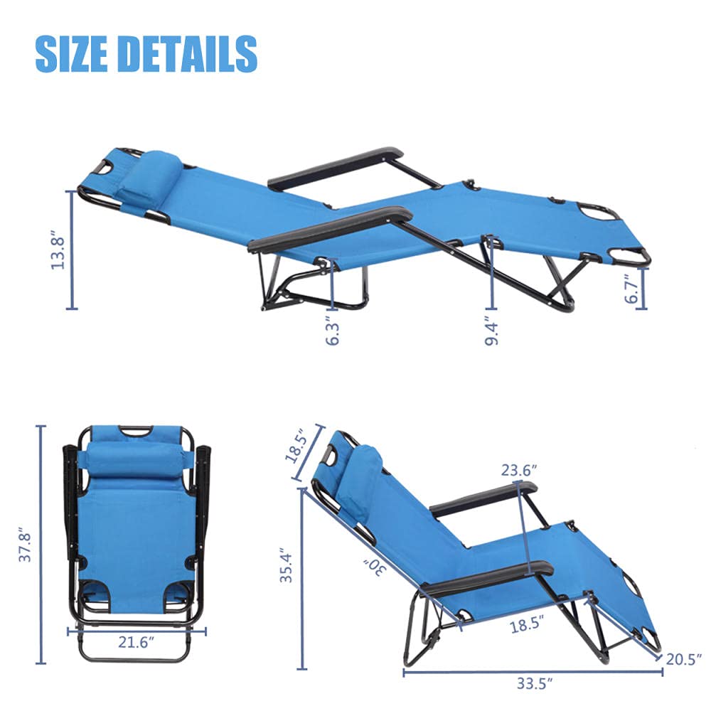 Portable Folding Beach Chair with Pillow - Adjustable Reclining Lounge Chair for Outdoor, Camping, Patio, Pool & Lawn - Lightweight & Comfortable for Sunbathing, Relaxing & Travel (Blue)