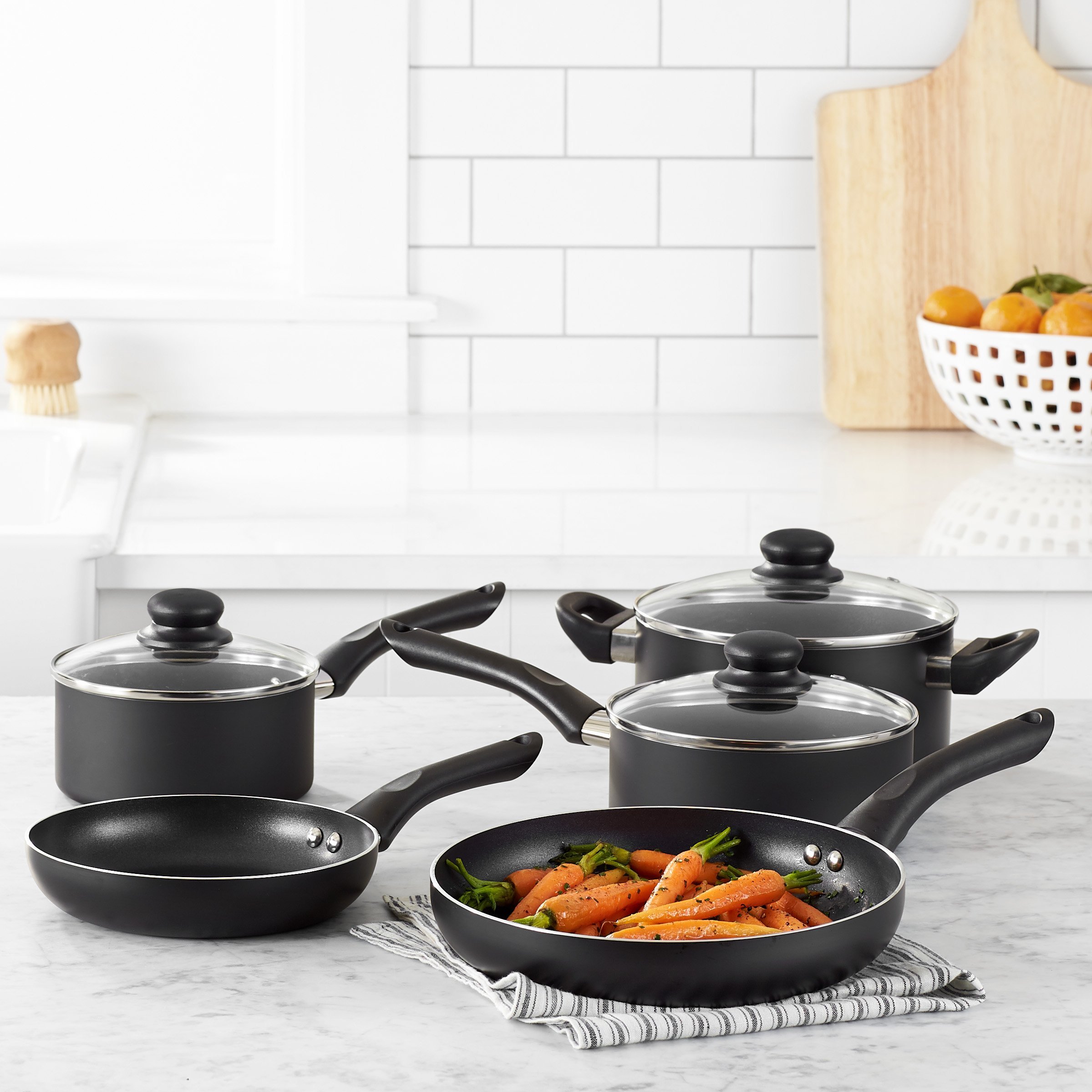 Amazon Basics 16-Piece Cafe Stripe Dinnerware Set - Plates, Bowls, Mugs for 4 People & 8-Piece Non-Stick Cookware Set with Pots and Pans - Modern Black Kitchen Essentials for Dining, Cooking & Entertaining