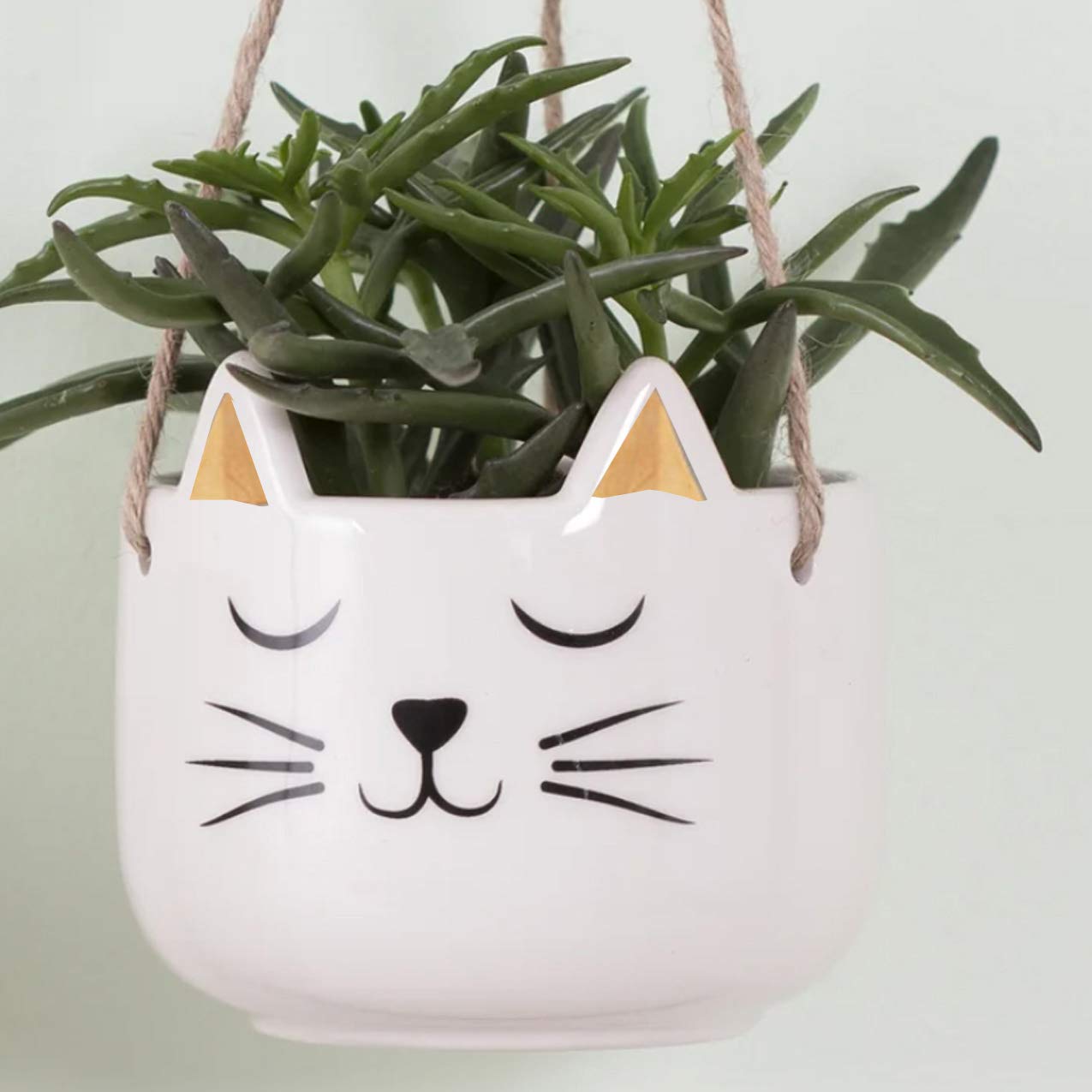 Ceramic Succulent Planter Pot - White Cat with Gold Ears Hanging Indoor Plant Pot for Home, Office, Garden Decor - Perfect for Small Plants, Herbs, and Air Plants (Set of 2)