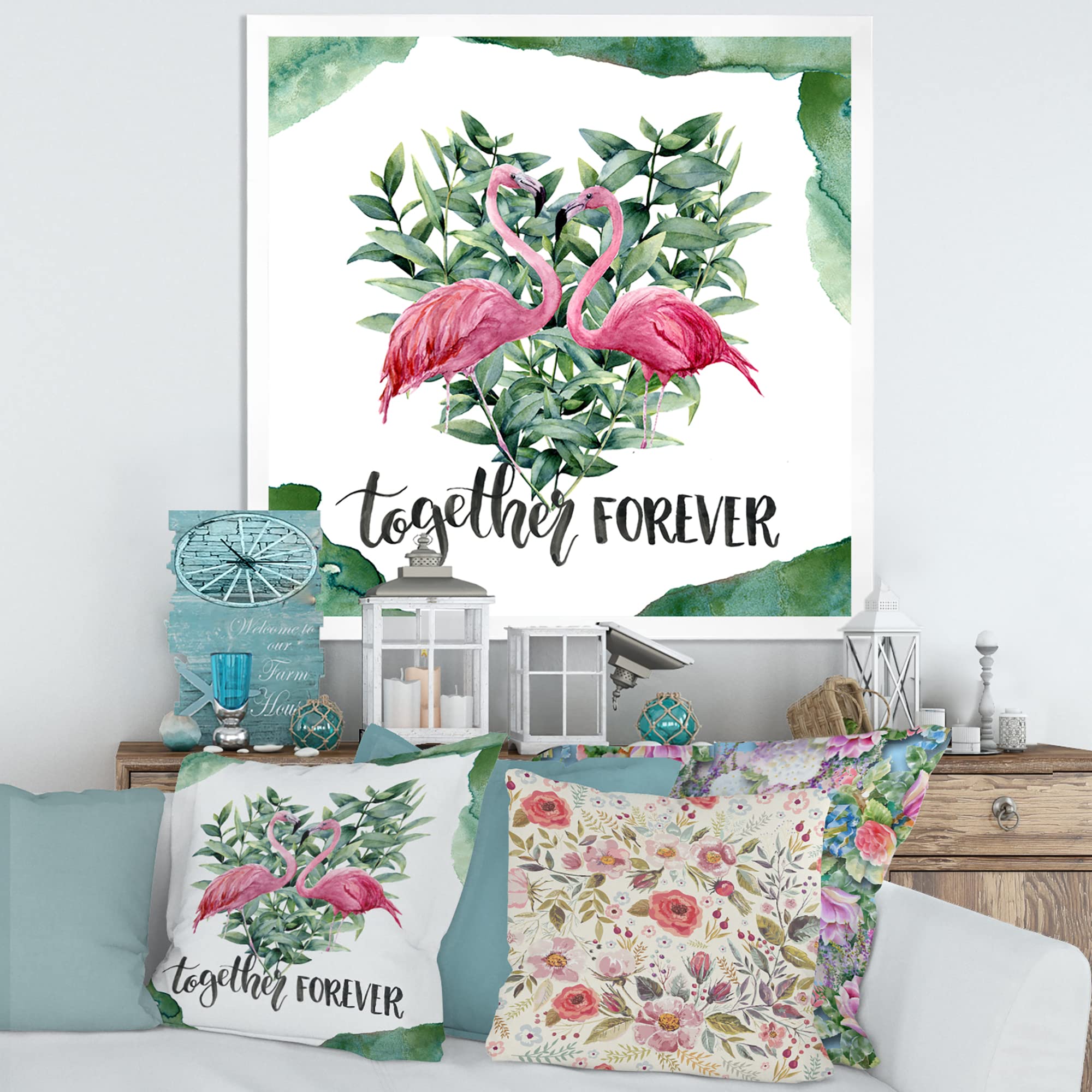 Flamingo Floral Heart Wall Art with Eucalyptus Leaves - Traditional Framed Home Decor for Living Room, Bedroom & Office