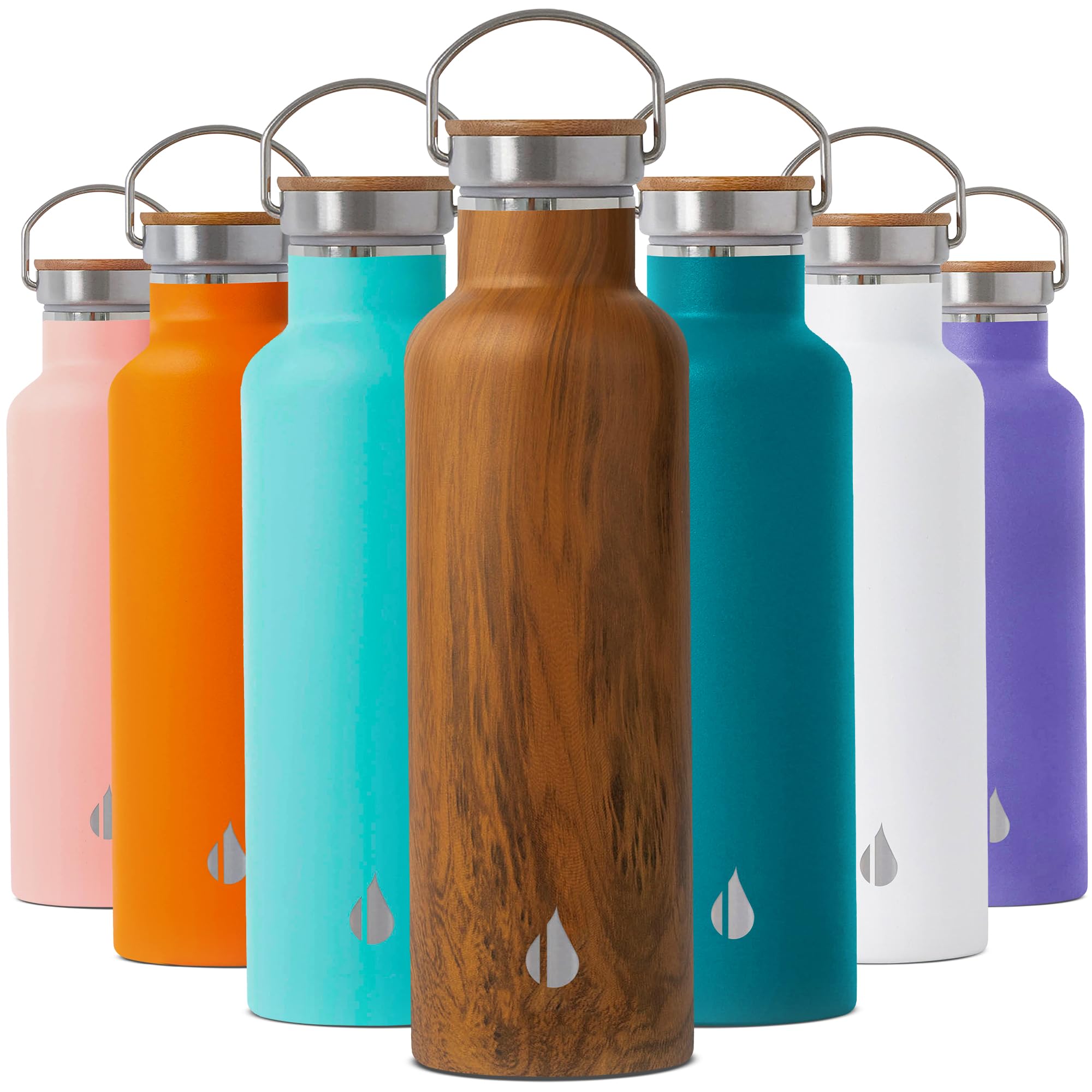 Elemental Classic 25oz Stainless Steel Water Bottle - Double Wall Insulated, Leak Proof Thermos with Bamboo Lid & Teak Wood Finish - Perfect for Travel, Gym, Sports, Hiking & Everyday Hydration