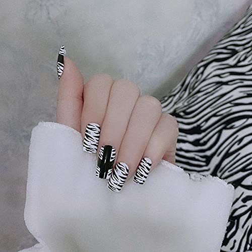 24pcs Fake Nail Tips - Full Cover Acrylic Nails with Black & White Stripes, Reusable Press on Nails for Manicure - Perfect for Parties, Weddings & Daily Wear
