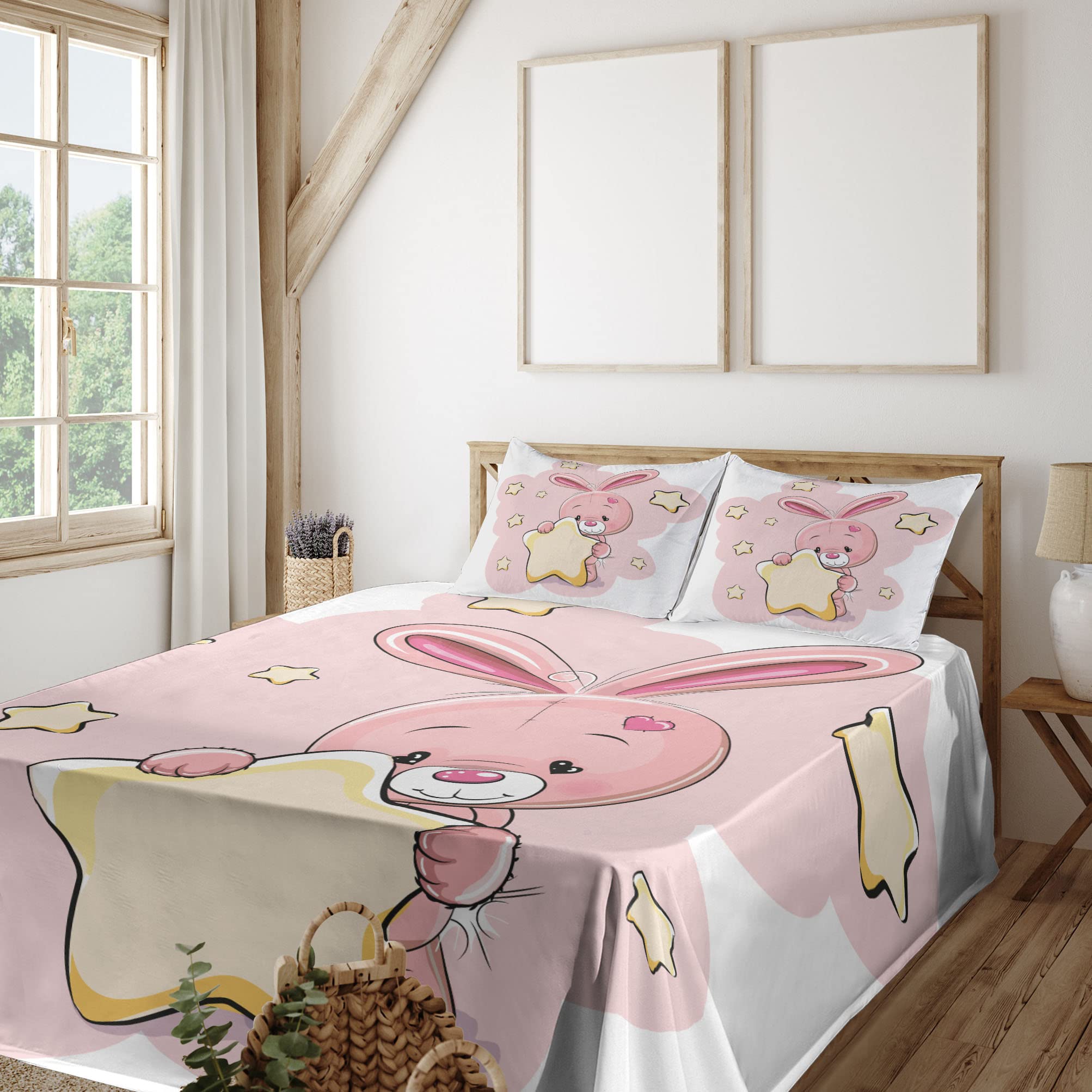Ambesonne Floral Rabbit Bunny with Star Print 4-Piece King Size Sheet Set - Soft Fitted & Flat Sheets with Pillowcases, Yellow & Pink Bedding for Women's Birthday & Baby Shower Decor