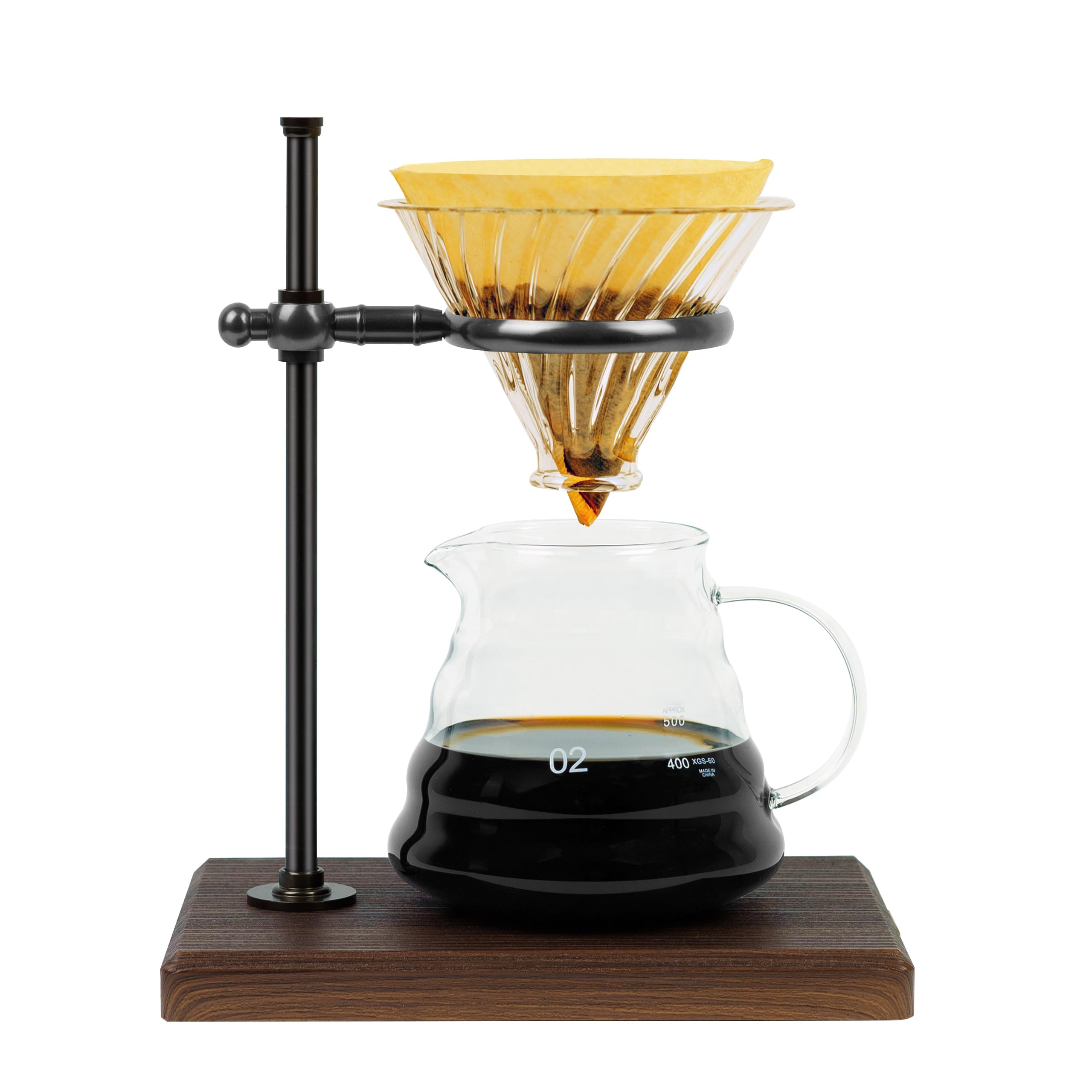 Premium Pour Over Coffee Maker Set - Stainless Steel Adjustable Stand with Wooden Base, Glass Carafe & Paper Filters | Ideal for Home Brewing, Office Use & Specialty Coffee Lovers