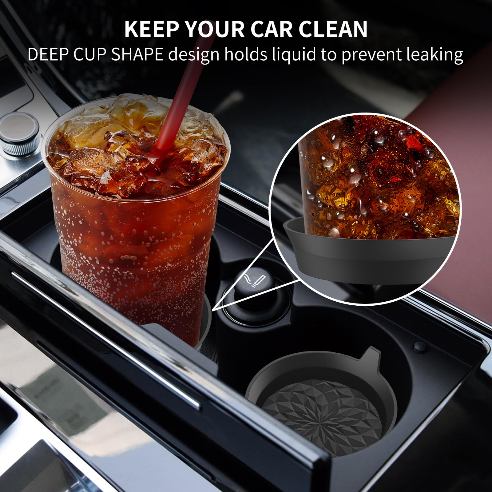 ME.FAN 4-Pack Silicone Car Cup Coasters - Non-Slip Recessed Cup Holder Inserts for Cars, Universal Fit Auto Accessories - Perfect for Coffee, Soda & Water Bottles in Vehicles (Black)
